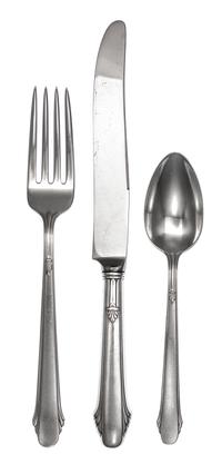 An American Silver Flatware Service, Gorham Mfg. Co., Providence, RI, Hunt Club pattern, comprising: 12 dinner knives 11 dinner forks 1