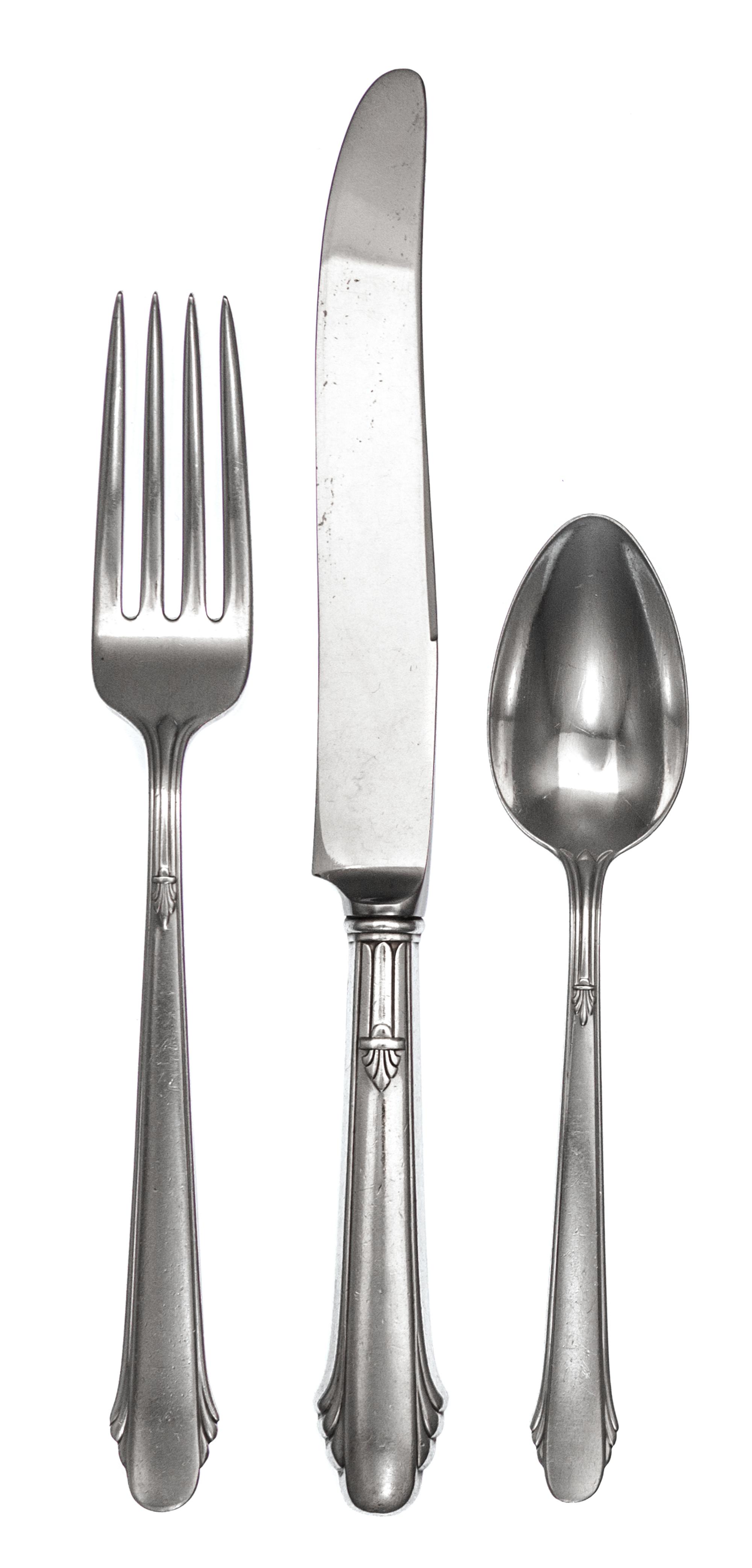 An American Silver Flatware Service, Gorham Mfg. Co., Providence, RI, Hunt Club pattern, comprising: 12 dinner knives 11 dinner forks 1