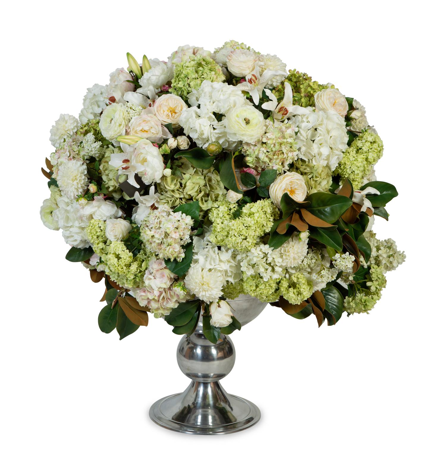 A Monumental Faux Floral Arrangement in an Aluminum Urn form Base — 20th Century