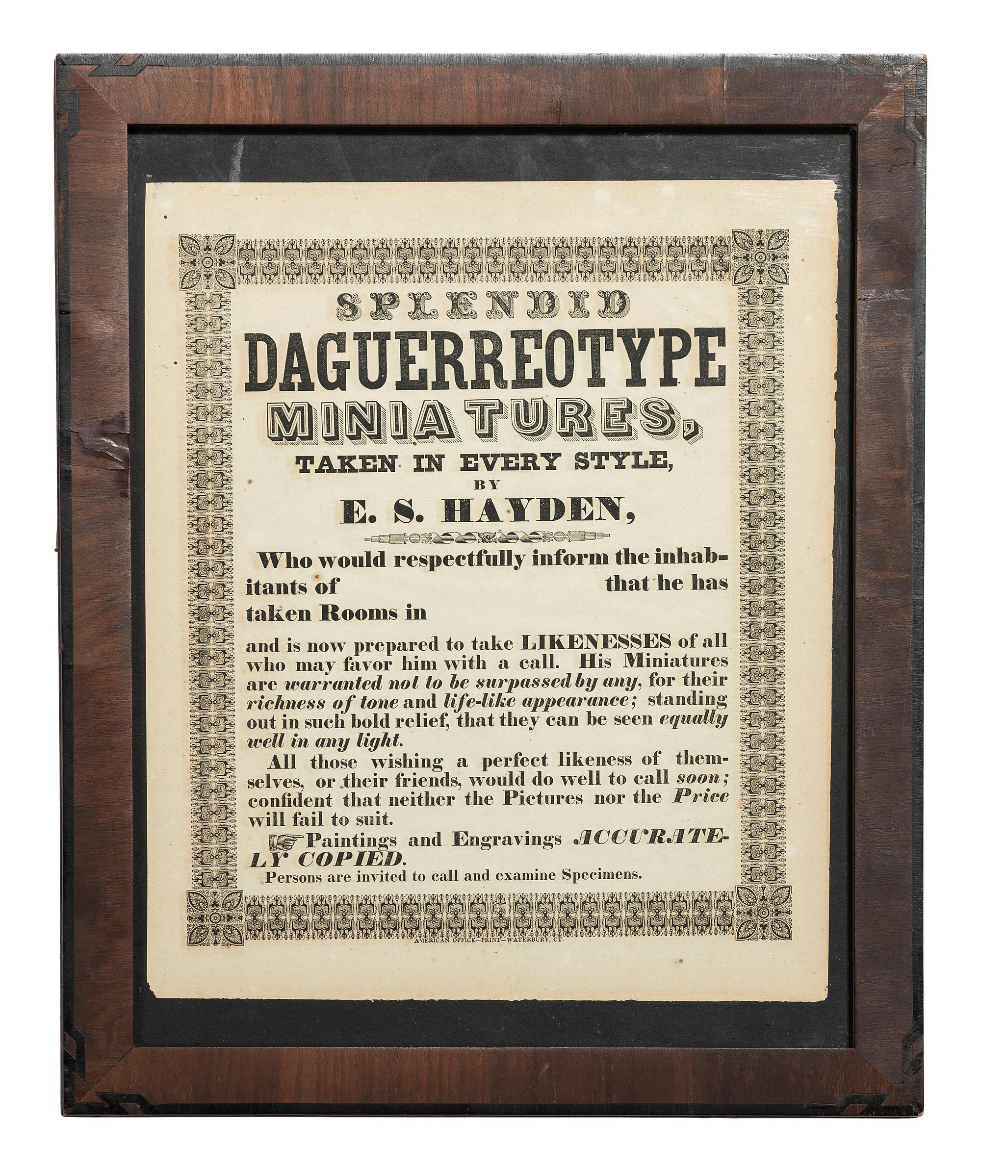 [EARLY PHOTOGRAPHY]. Hayden, E.S. Splendid Daguerreotype Miniatures broadside.