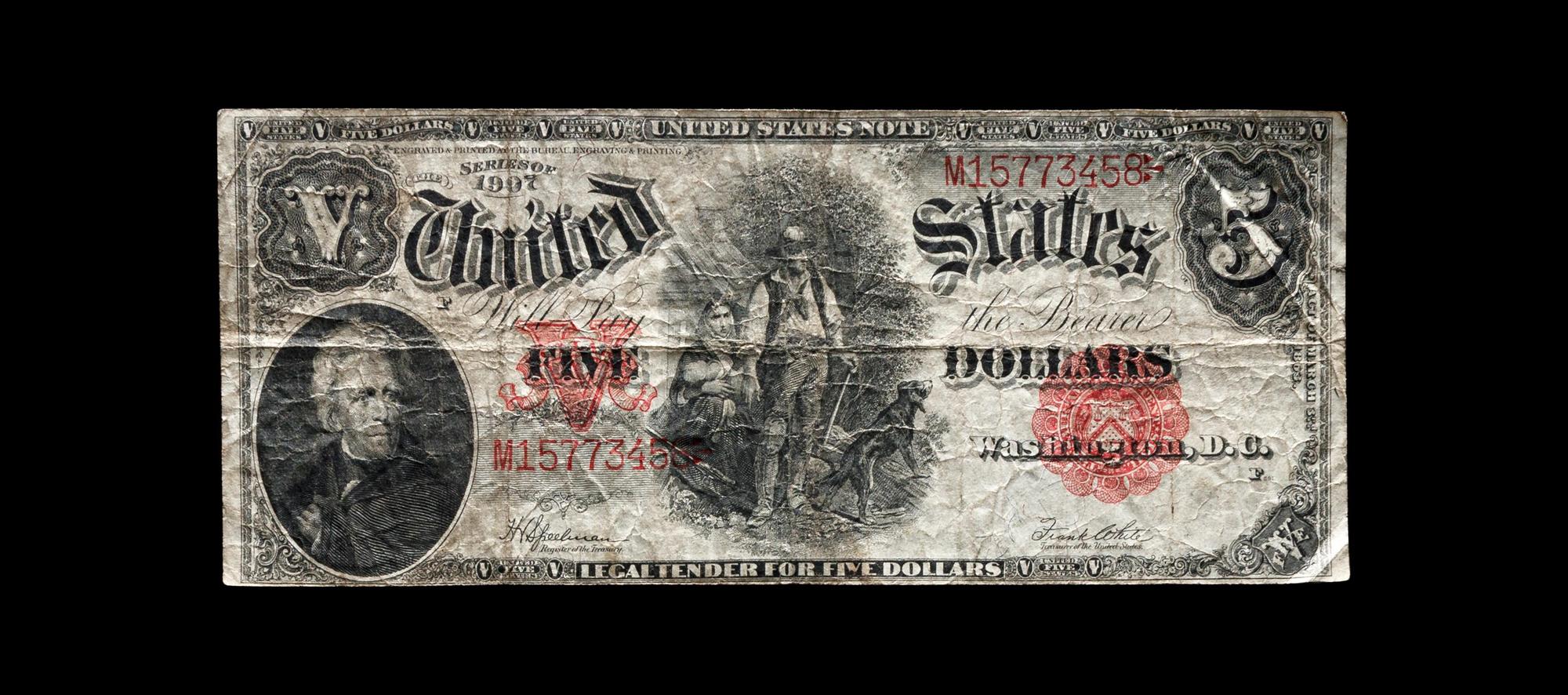 A Series 1907 ' PCBLIC Error' $5 Legal Tender Note