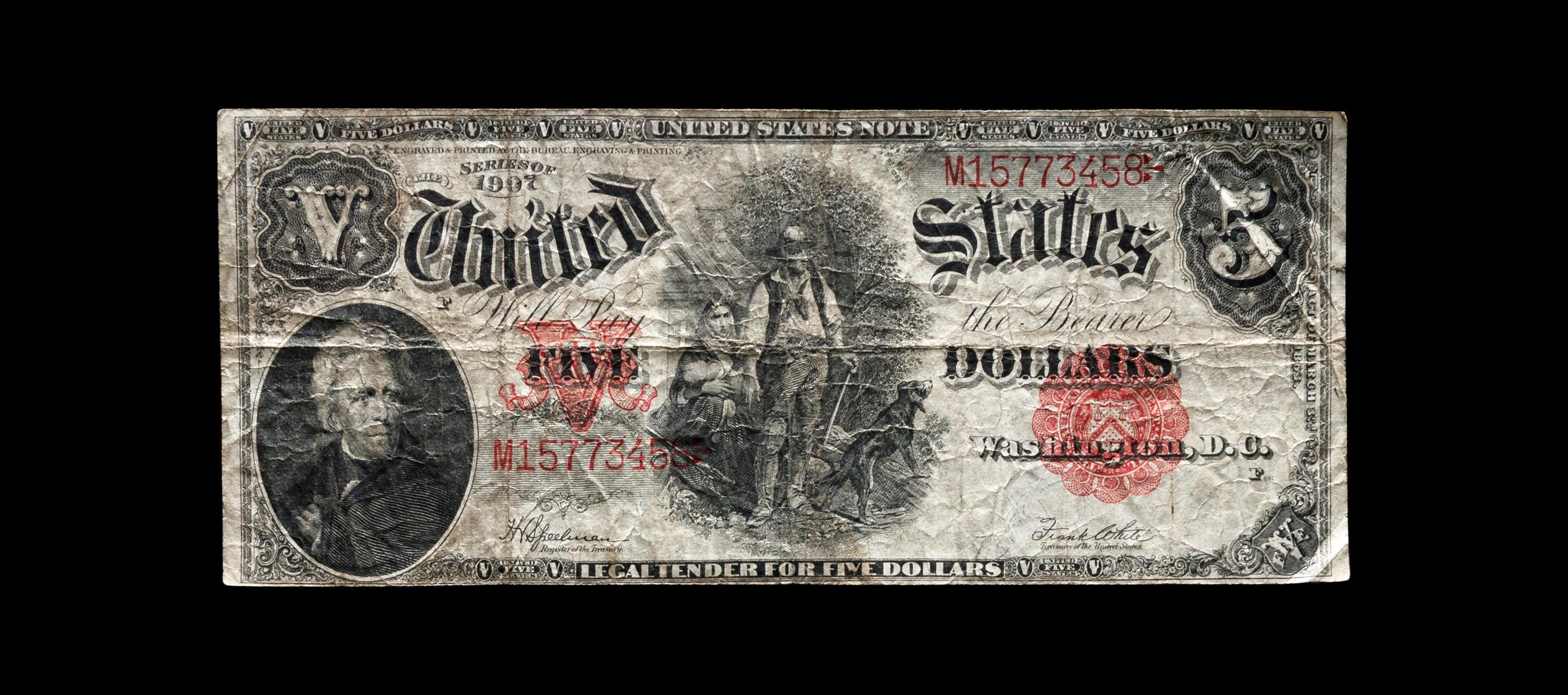 A Series 1907 ' PCBLIC Error' $5 Legal Tender Note