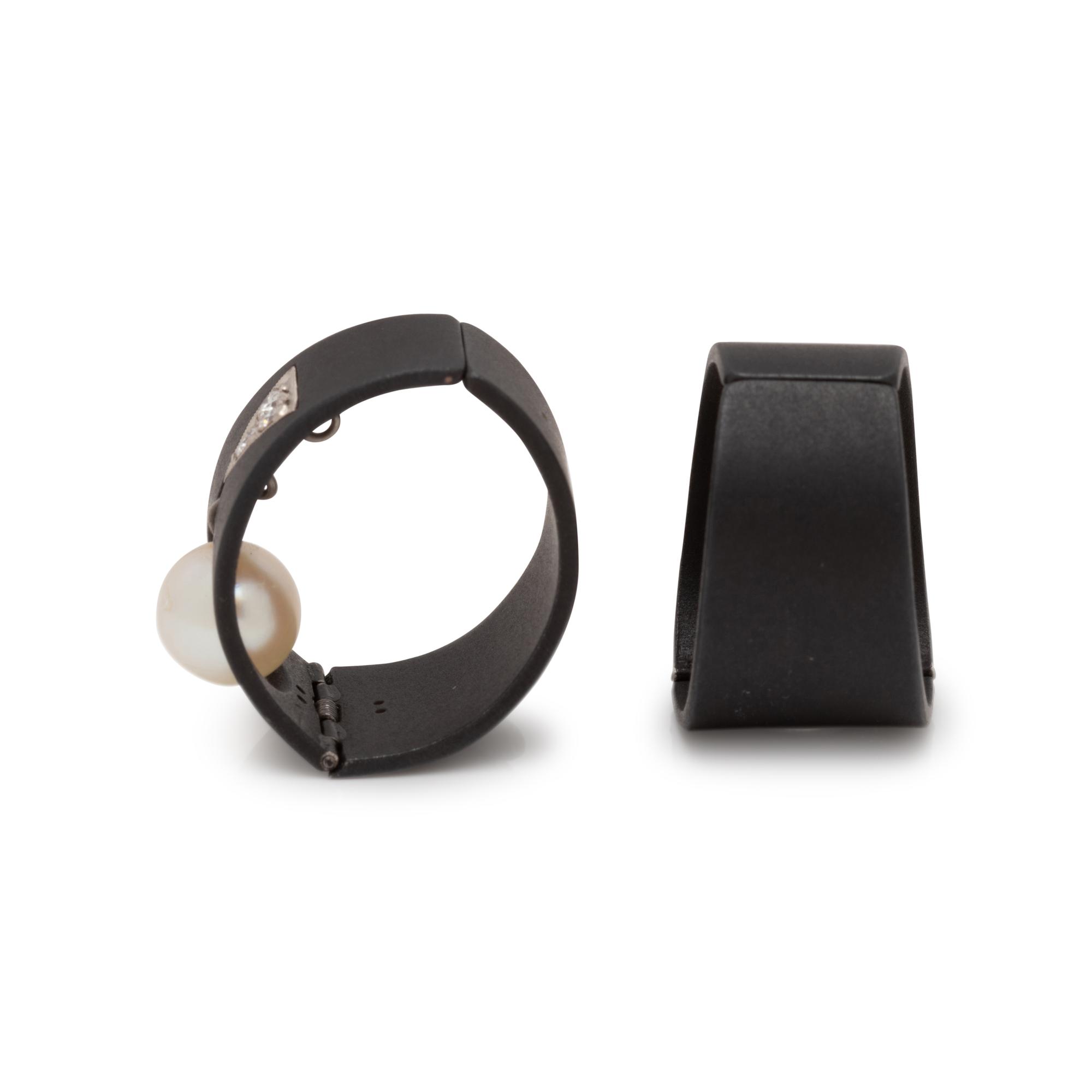 MARSH & CO, ART MODERNE, BLACKENED STEEL, CULTURED PEARL AND DIAMOND EARCLIPS