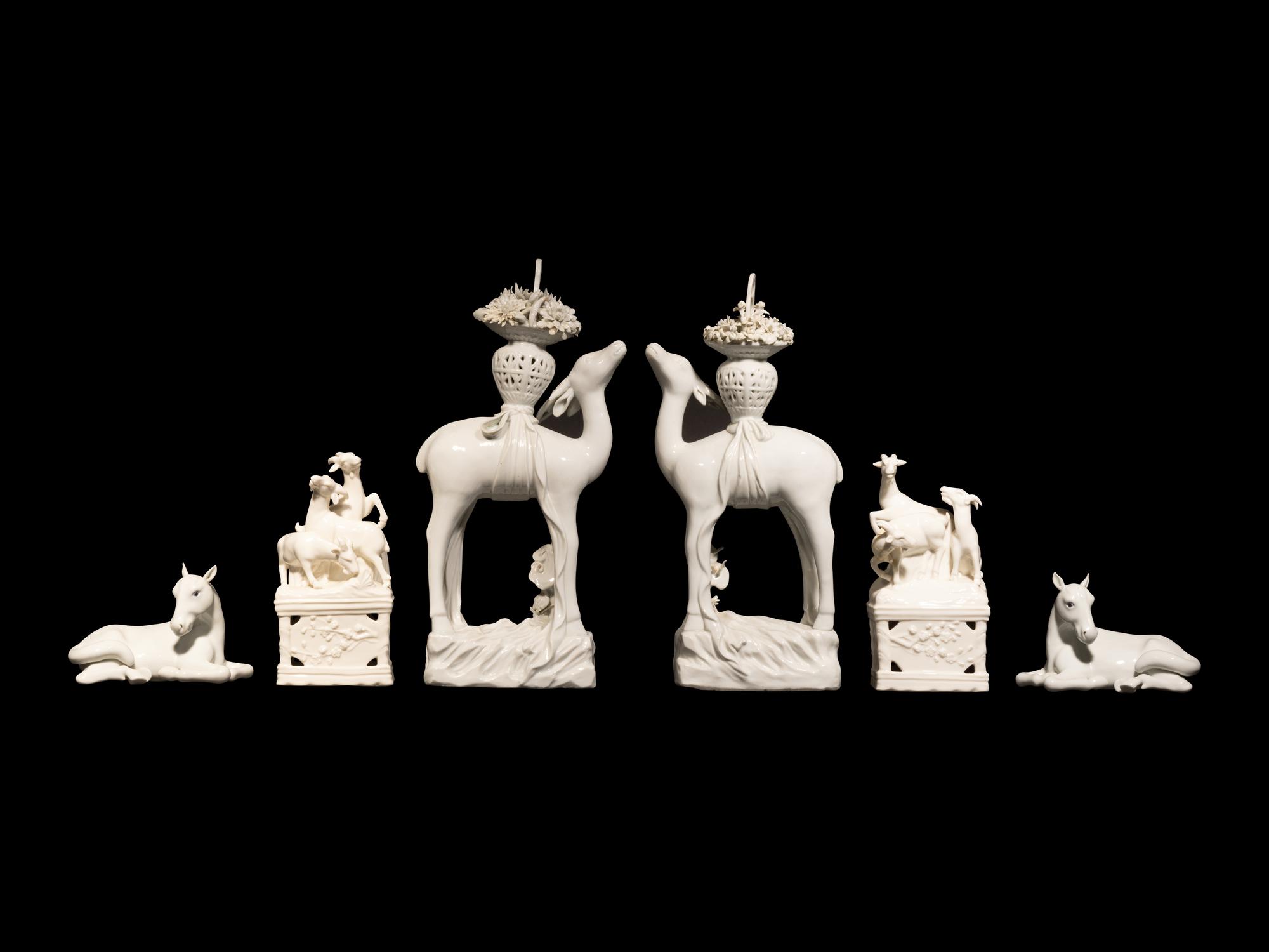 Three Pairs of Chinese Dehua Blanc-de-Chine Porcelain Figures of Animals