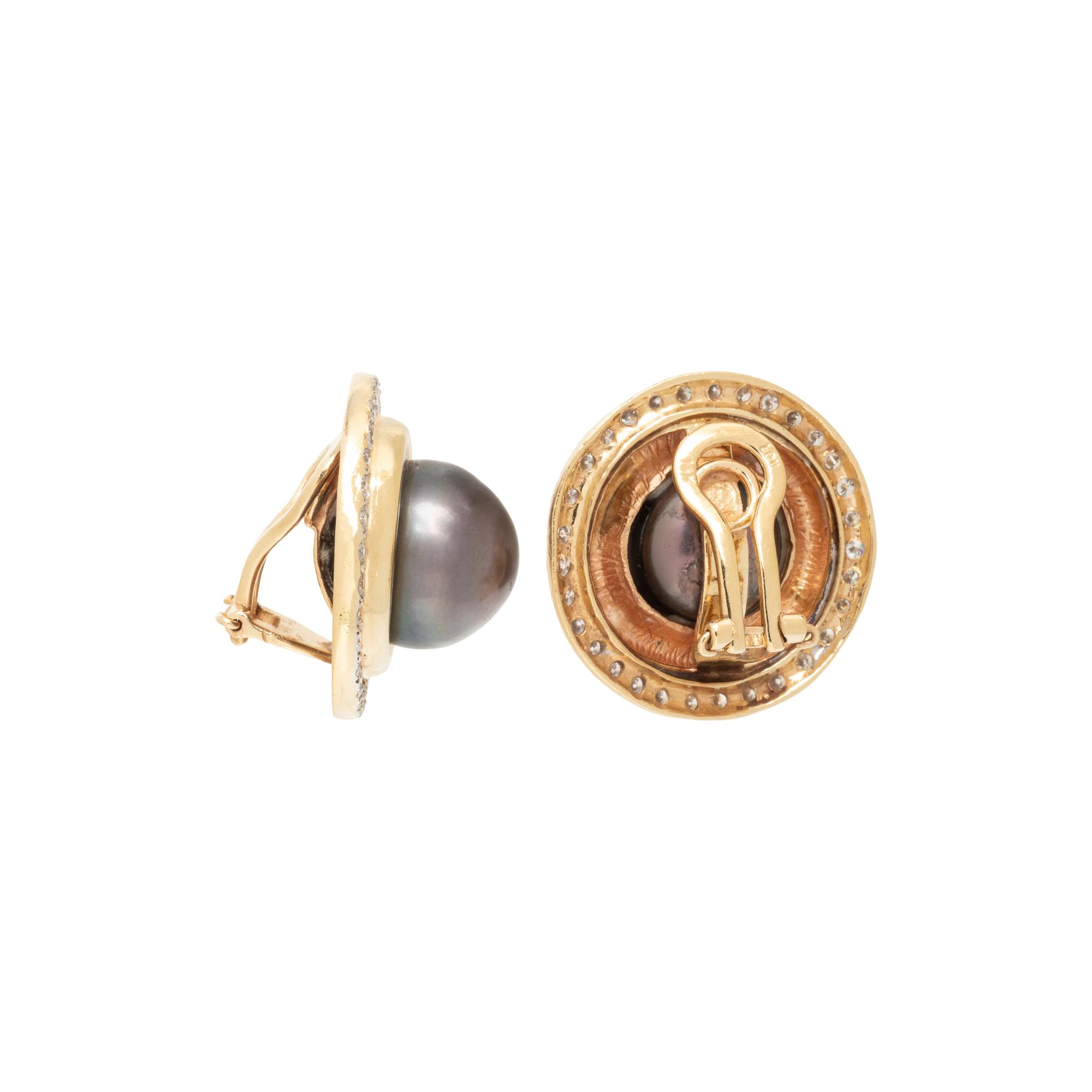 CULTURED TAHITIAN PEARL AND DIAMOND EARCLIPS