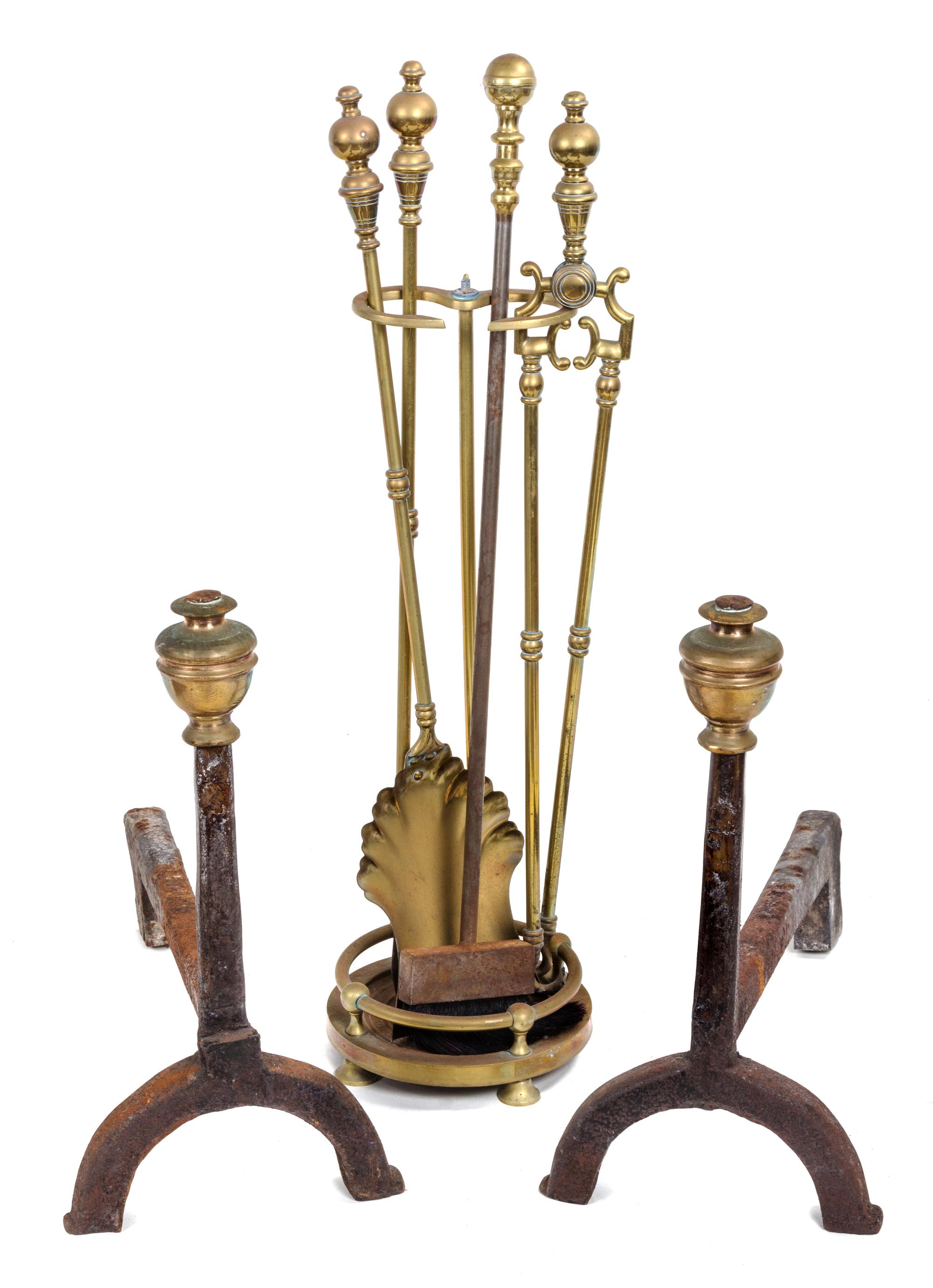 A Pair of Georgian Style Brass Andirons Height of tallest 19 inches.