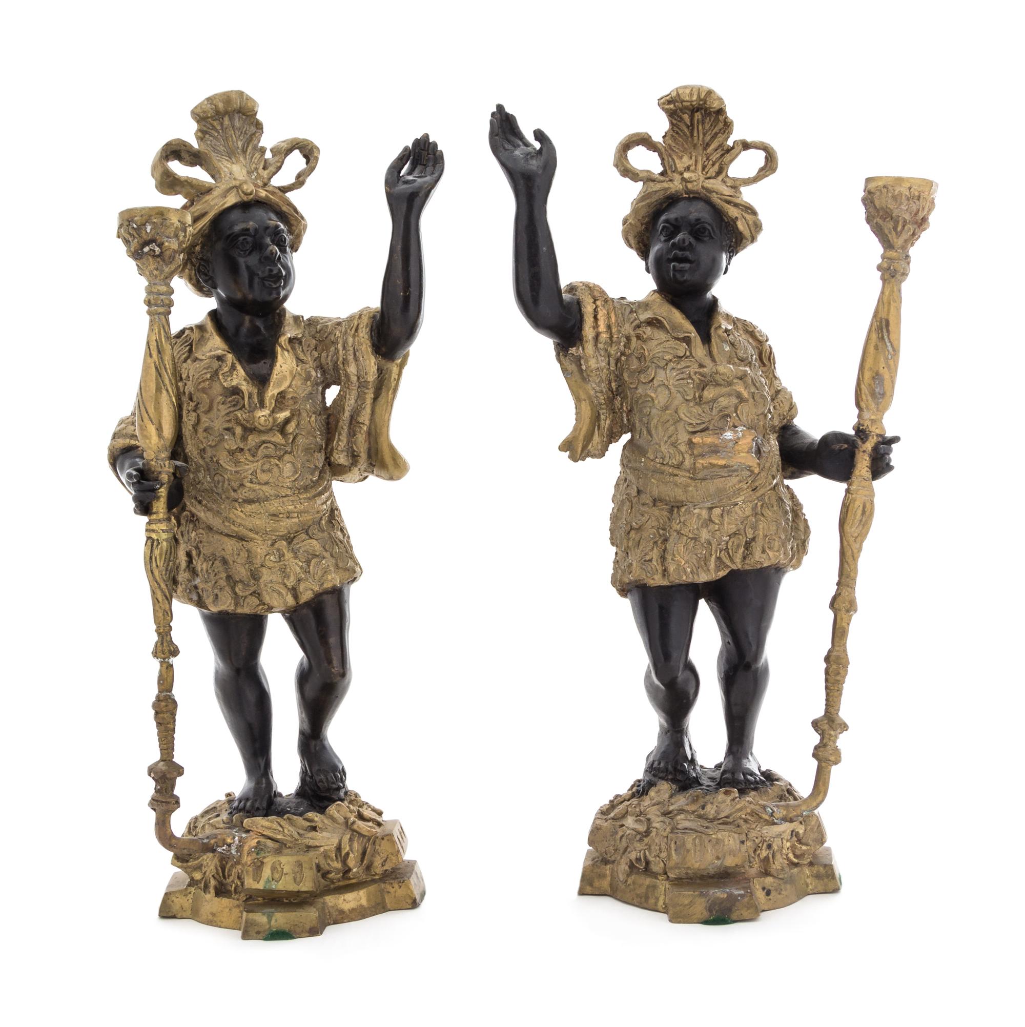 A Pair of Gilt and Patinated Cast Metal Figures Height of taller 16 1/2 inches. — 20TH CENTURY