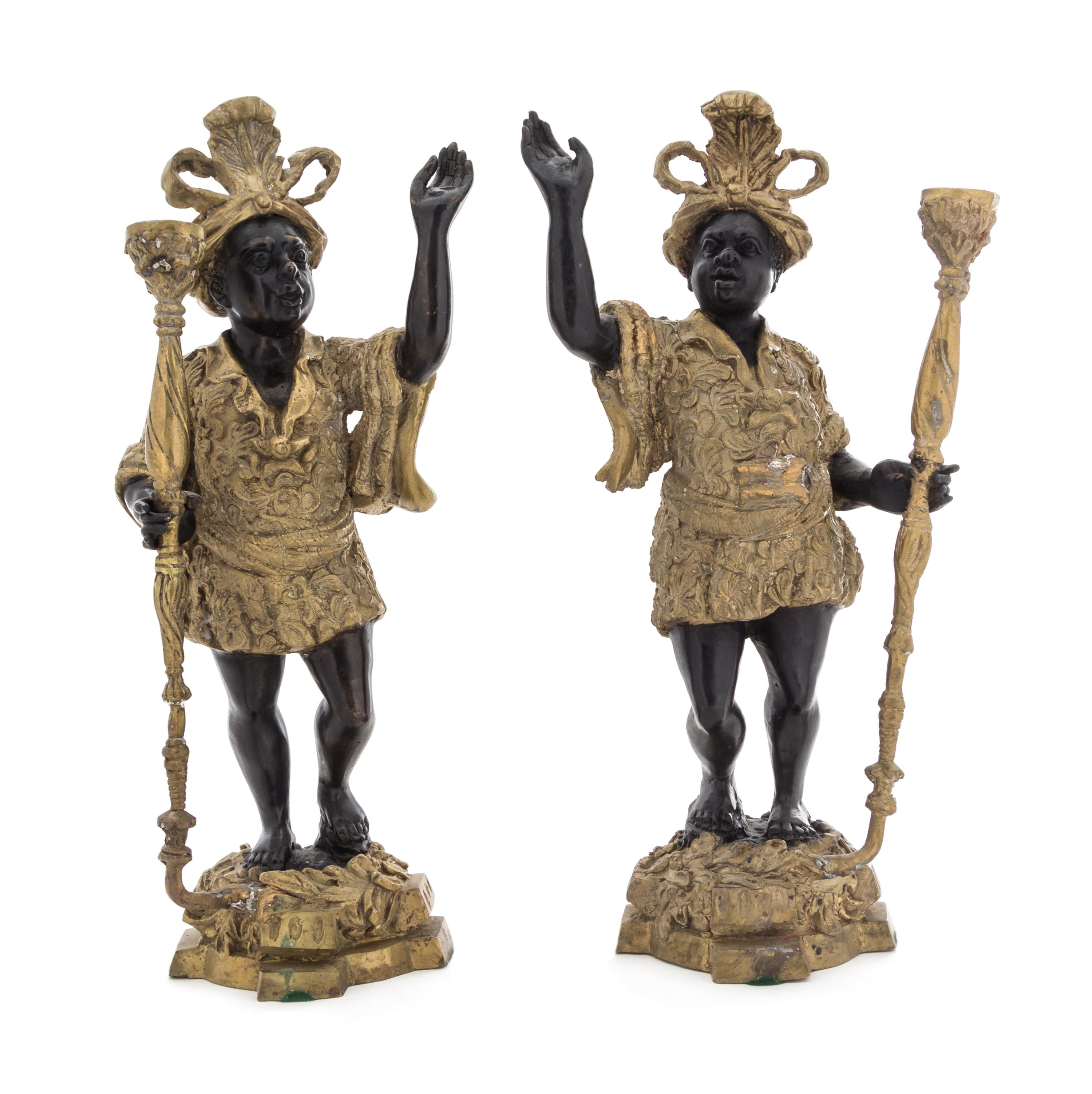A Pair of Gilt and Patinated Cast Metal Figures Height of taller 16 1/2 inches. — 20TH CENTURY