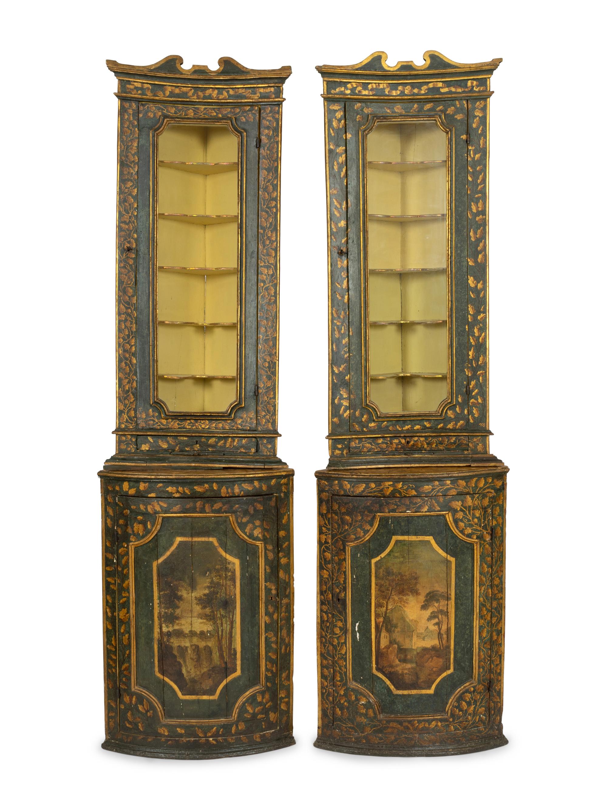 A Pair of Italian Painted Faux Marble and Parcel-Gilt Corner Cabinets