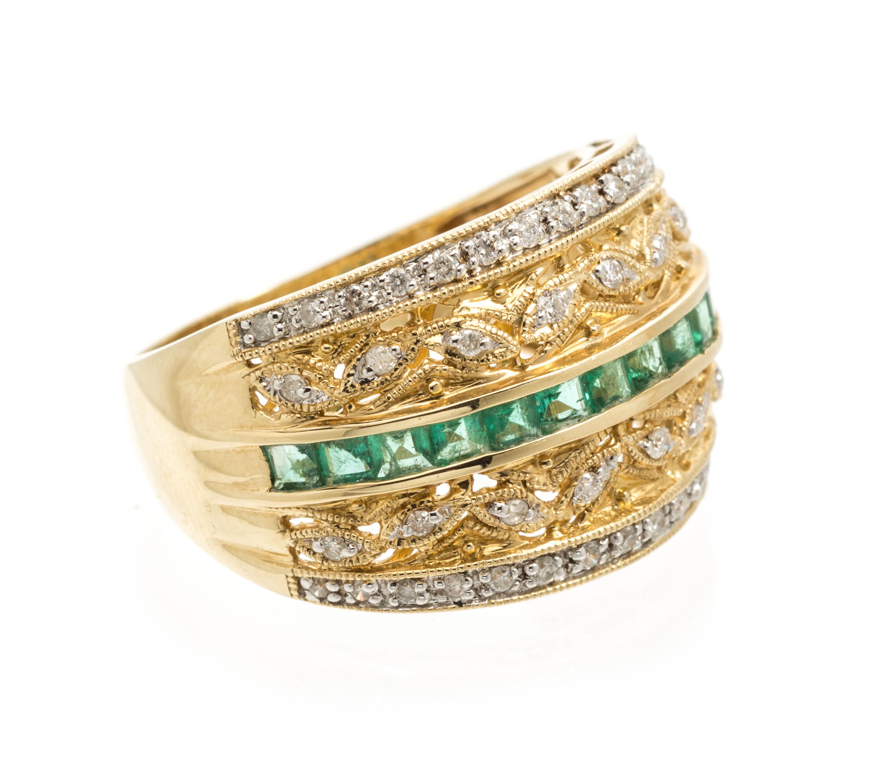 A 14 Karat Yellow Gold, Emerald and Diamond Ring, 3.80 dwts.
