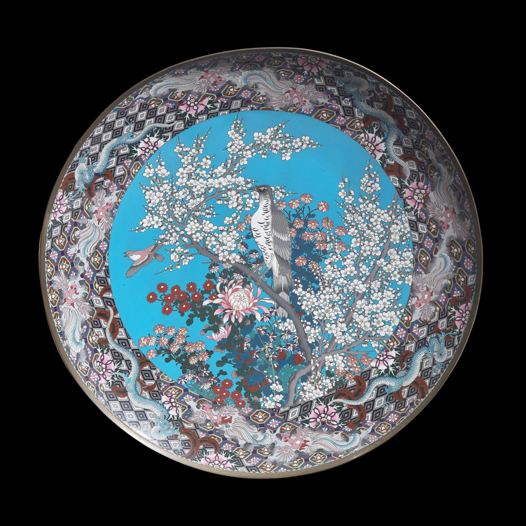 A Pair of Very Large Japanese Cloisonne "Hawks and Sparrows" Chargers, Meiji Period