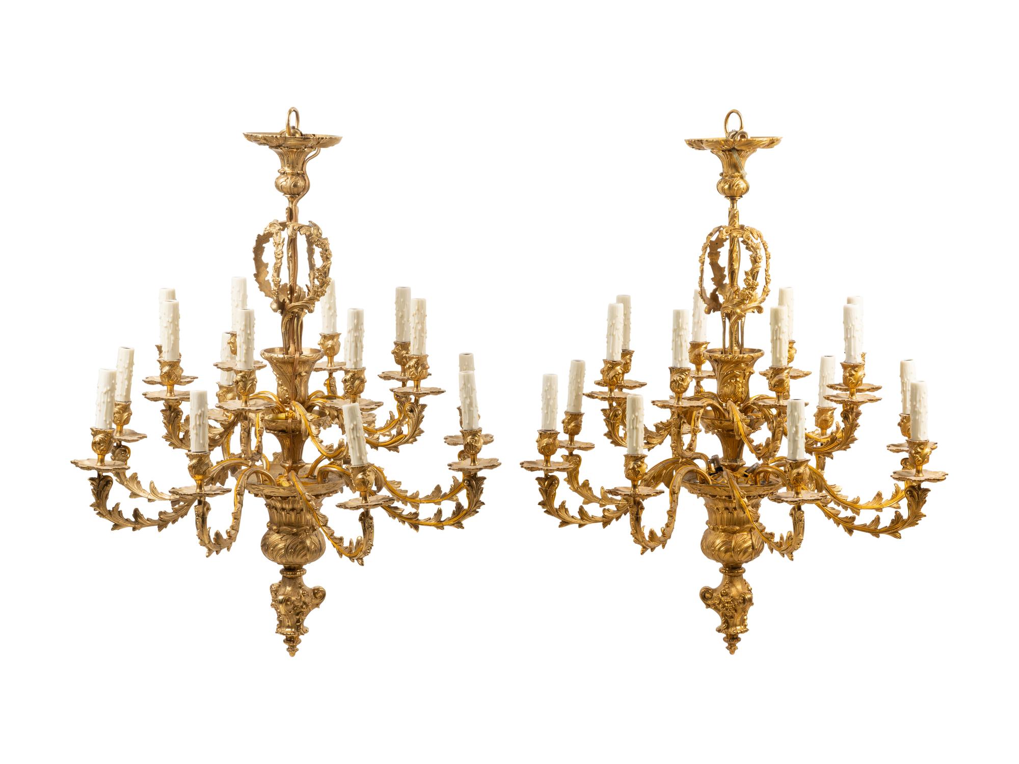 A Pair of Louis XV Style Gilt Bronze Sixteen-Light Chandeliers