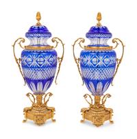 A Pair of Gilt Bronze Mounted Cobalt Blue Cut-to-Clear Glass Urns