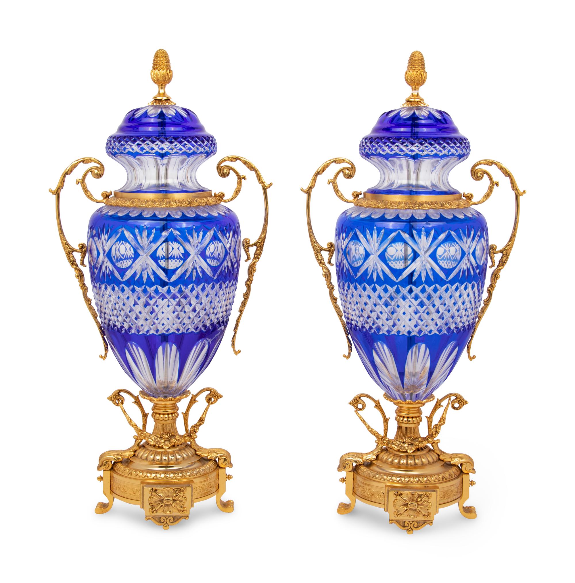 A Pair of Gilt Bronze Mounted Cobalt Blue Cut-to-Clear Glass Urns
