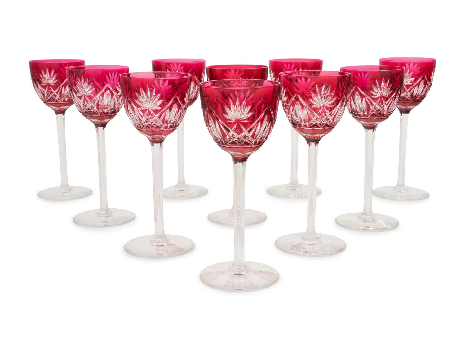 A Set of Ten Cranberry Cut-to-Clear Glass Wine Stems