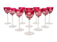 A Set of Ten Cranberry Cut-to-Clear Glass Wine Stems