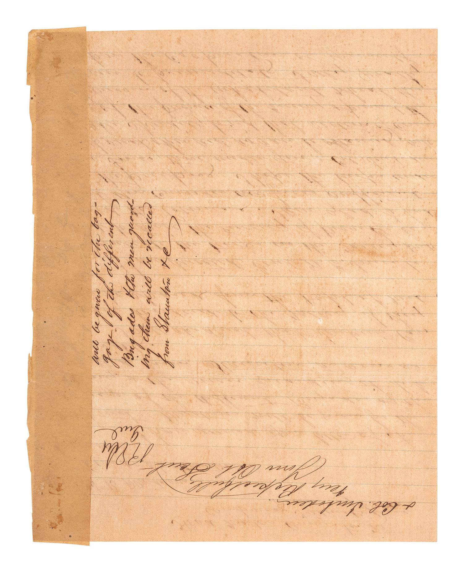 LEE, Robert E. (1807-1870). Letter signed ("R E Lee Genl"), as Commander of the Army of Northern Virginia, to Confederate Colonel Henry B. Davidson (1831-1899). "Head Quarters Army No. Va / Camp near Fredericksburg." 29 December 1862.