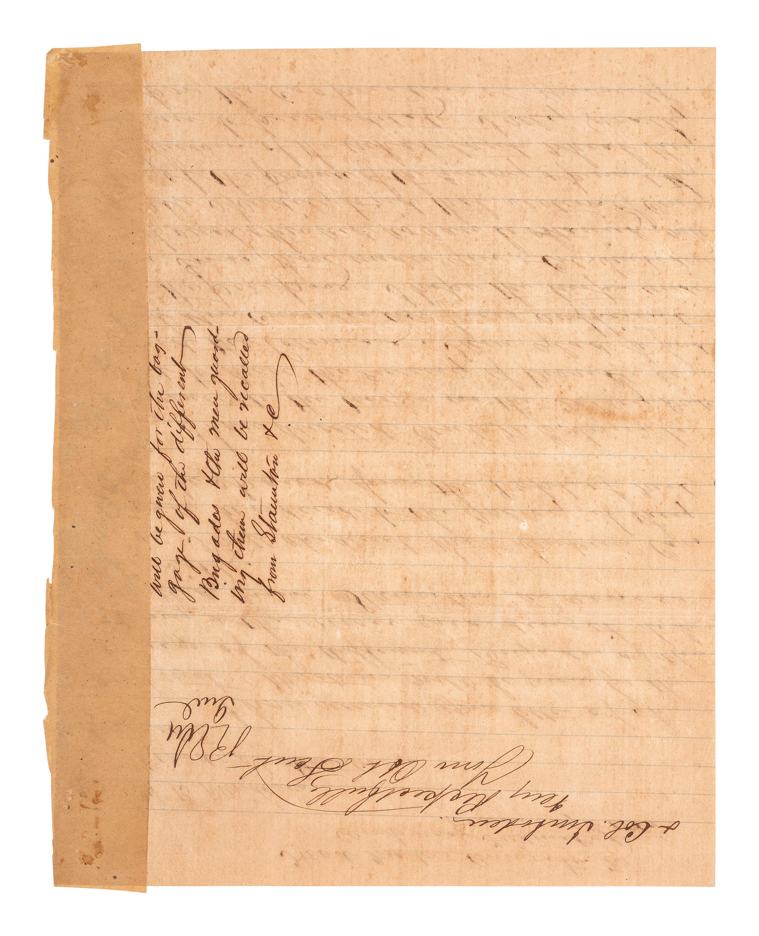 LEE, Robert E. (1807-1870). Letter signed ("R E Lee Genl"), as Commander of the Army of Northern Virginia, to Confederate Colonel Henry B. Davidson (1831-1899). "Head Quarters Army No. Va / Camp near Fredericksburg." 29 December 1862.