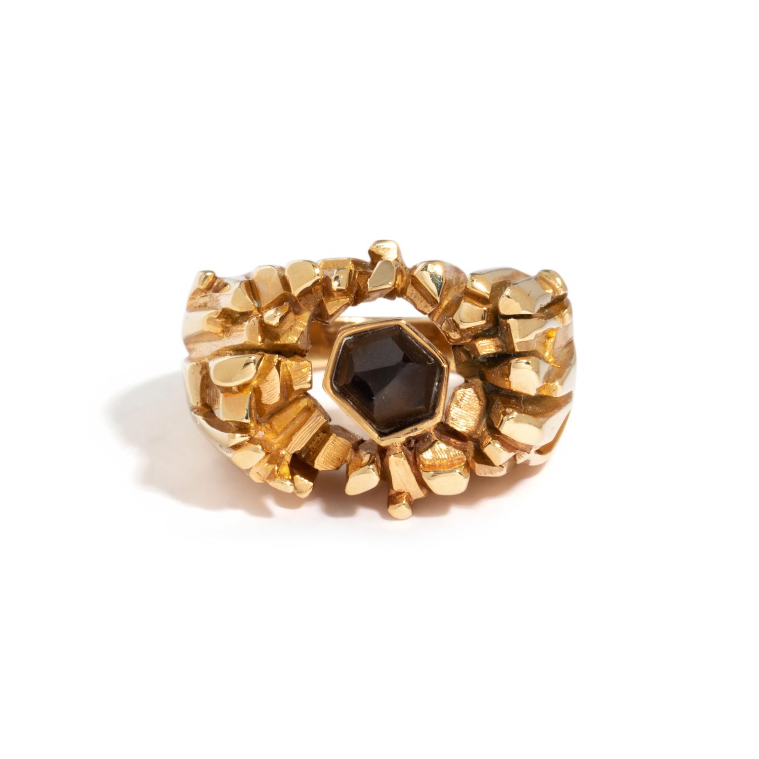 BARRY MERRITT, YELLOW GOLD AND SMOKEY QUARTZ RING