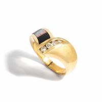 YELLOW GOLD, DIAMOND, ONYX, AND OPAL RING