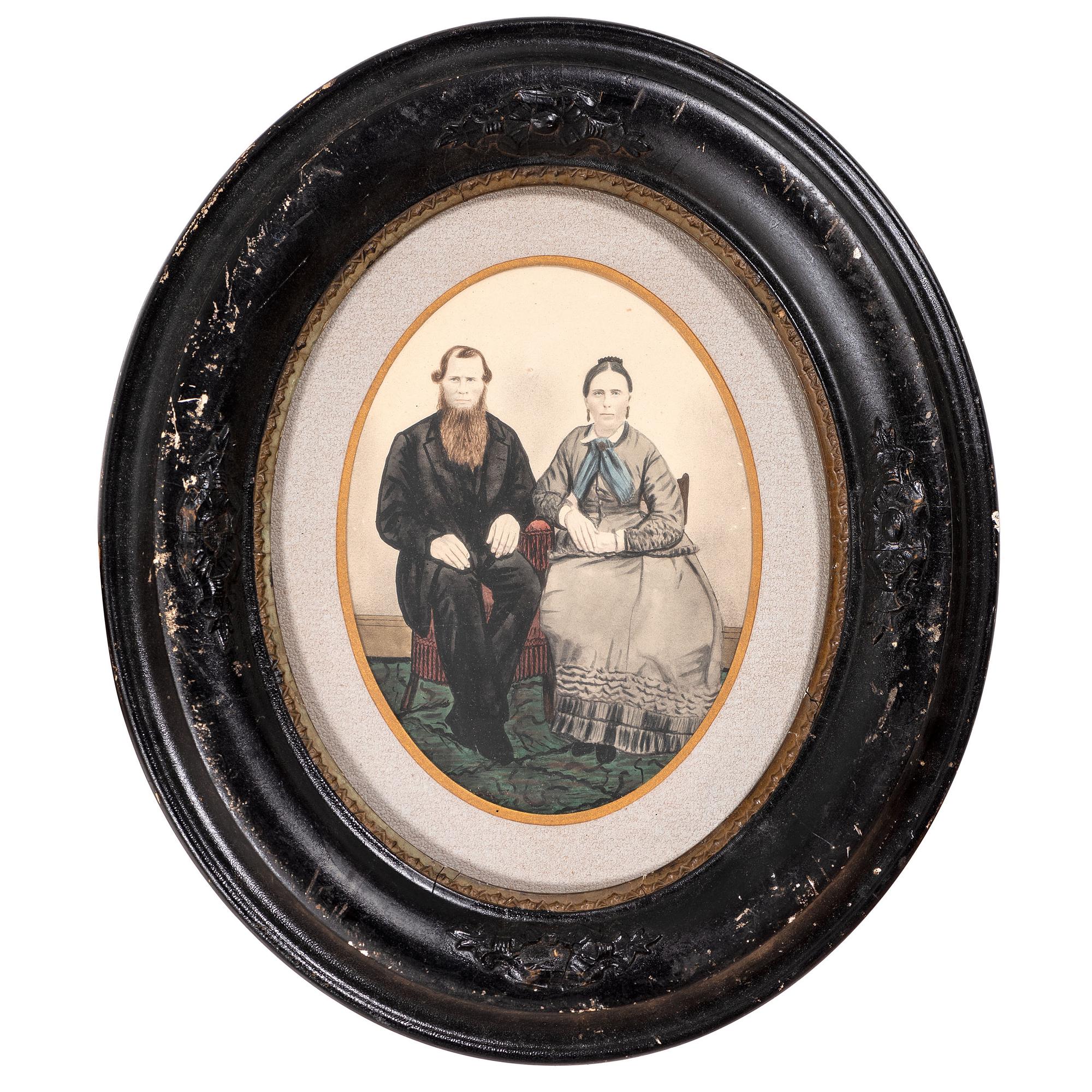 [EARLY PHOTOGRAPHY - PORTRAITURE]. A group of 10 folk art hand-painted tintypes of individual men, women, and couples, including: