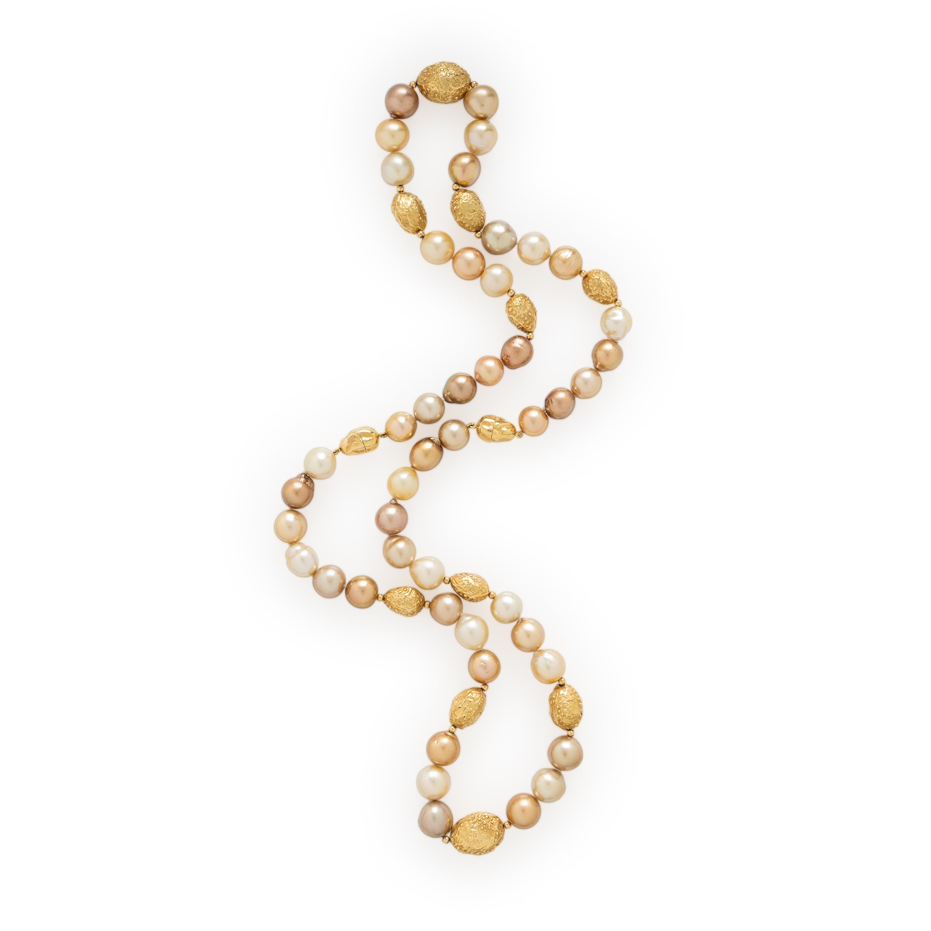 Yvel, Pair of Convertible Semi-Baroque Golden Cultured Pearl and Yellow Gold Necklaces