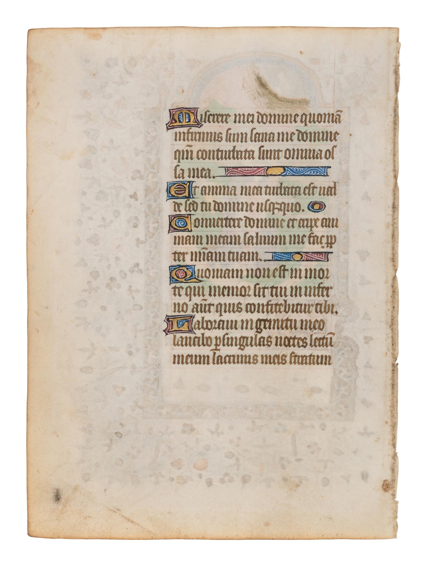 CIRCLE OF THE BOUCICAUT MASTER (active Paris, c. 1400-1420) A leaf from a Book of Hours, including a large miniature of David in Prayer, in Latin, illuminated manuscript on parchment [Paris, c. 1410-1420]