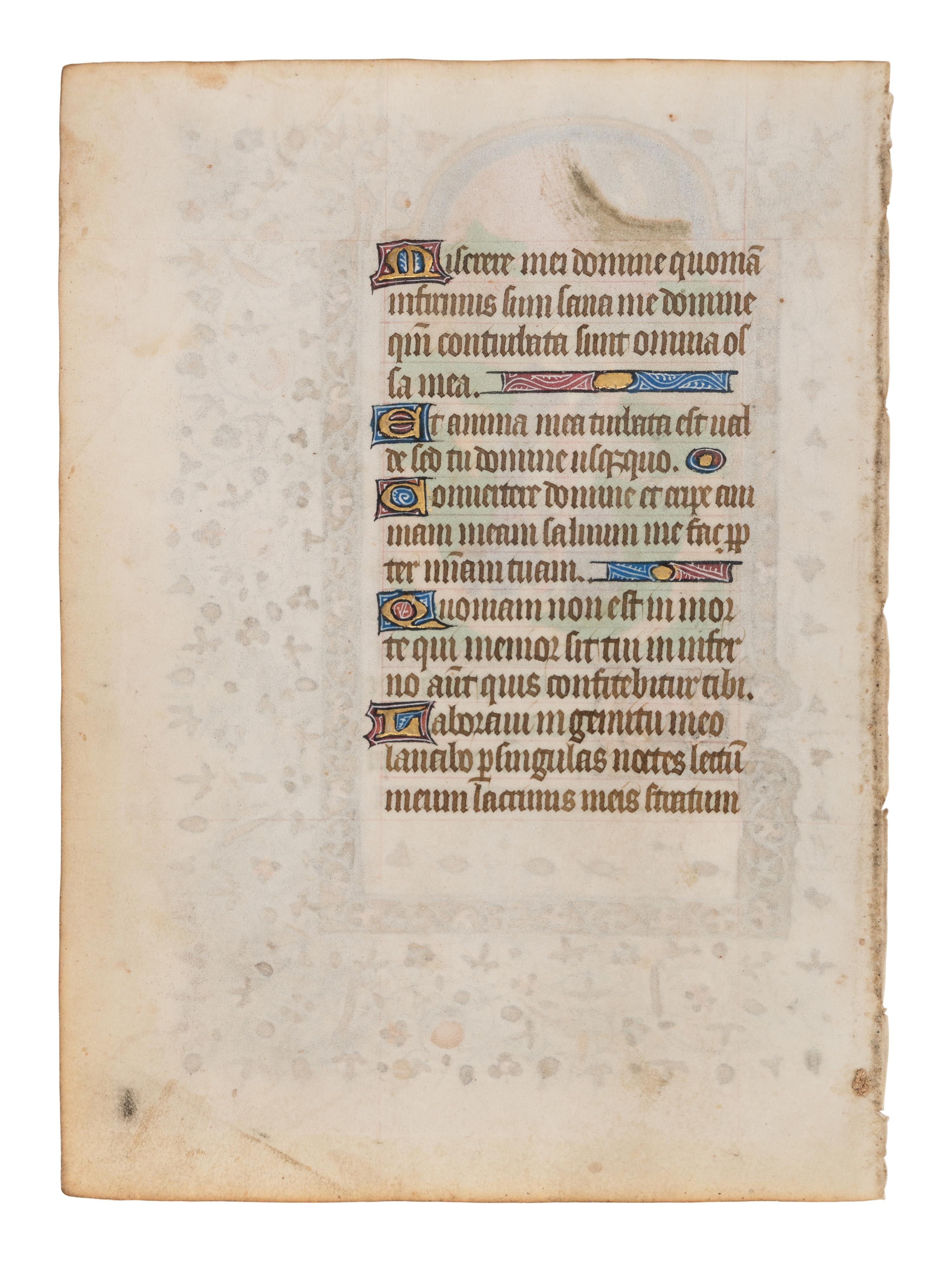 CIRCLE OF THE BOUCICAUT MASTER (active Paris, c. 1400-1420) A leaf from a Book of Hours, including a large miniature of David in Prayer, in Latin, illuminated manuscript on parchment [Paris, c. 1410-1420]