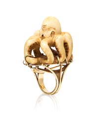 A 14 Karat Yellow Gold and Ox Bone Octopus Netsuke Ring, Bensabott, 16.30 dwts.