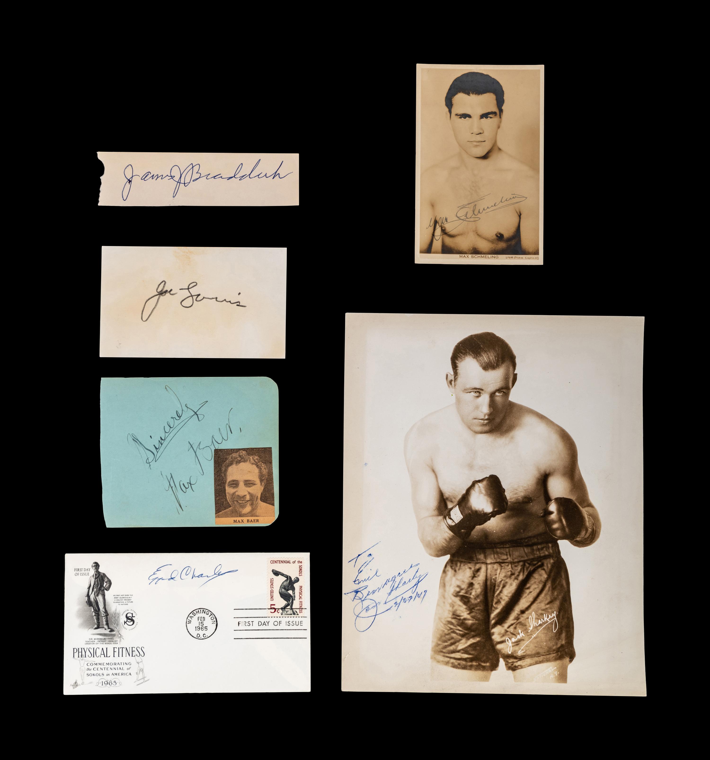 A Group of Heavyweight Champion James J. Braddock, Joe Louis, Max Schmeiling, Max Baer, Ezzard Charles and Jack Sharkey Signed Autographs,