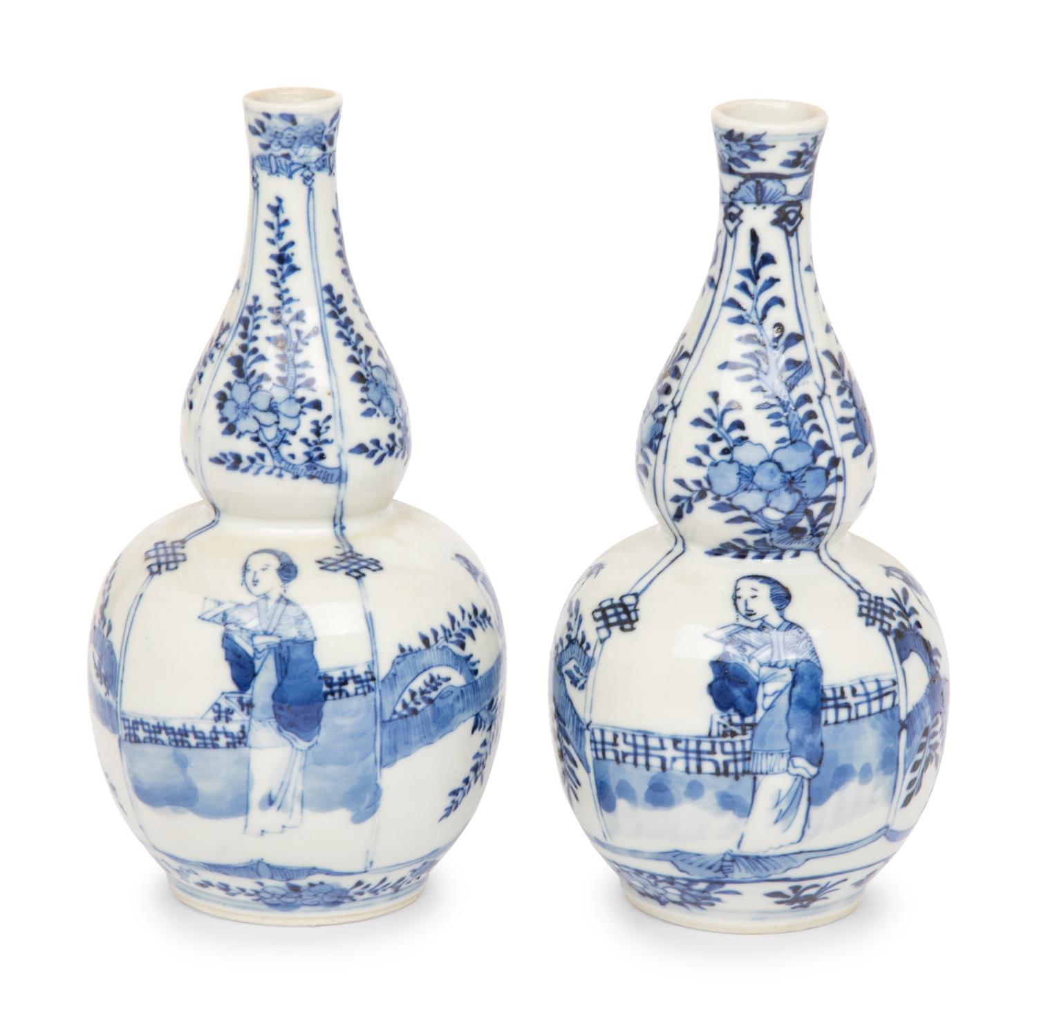 A Pair of Chinese Blue and White Porcelain Double Gourd Vases