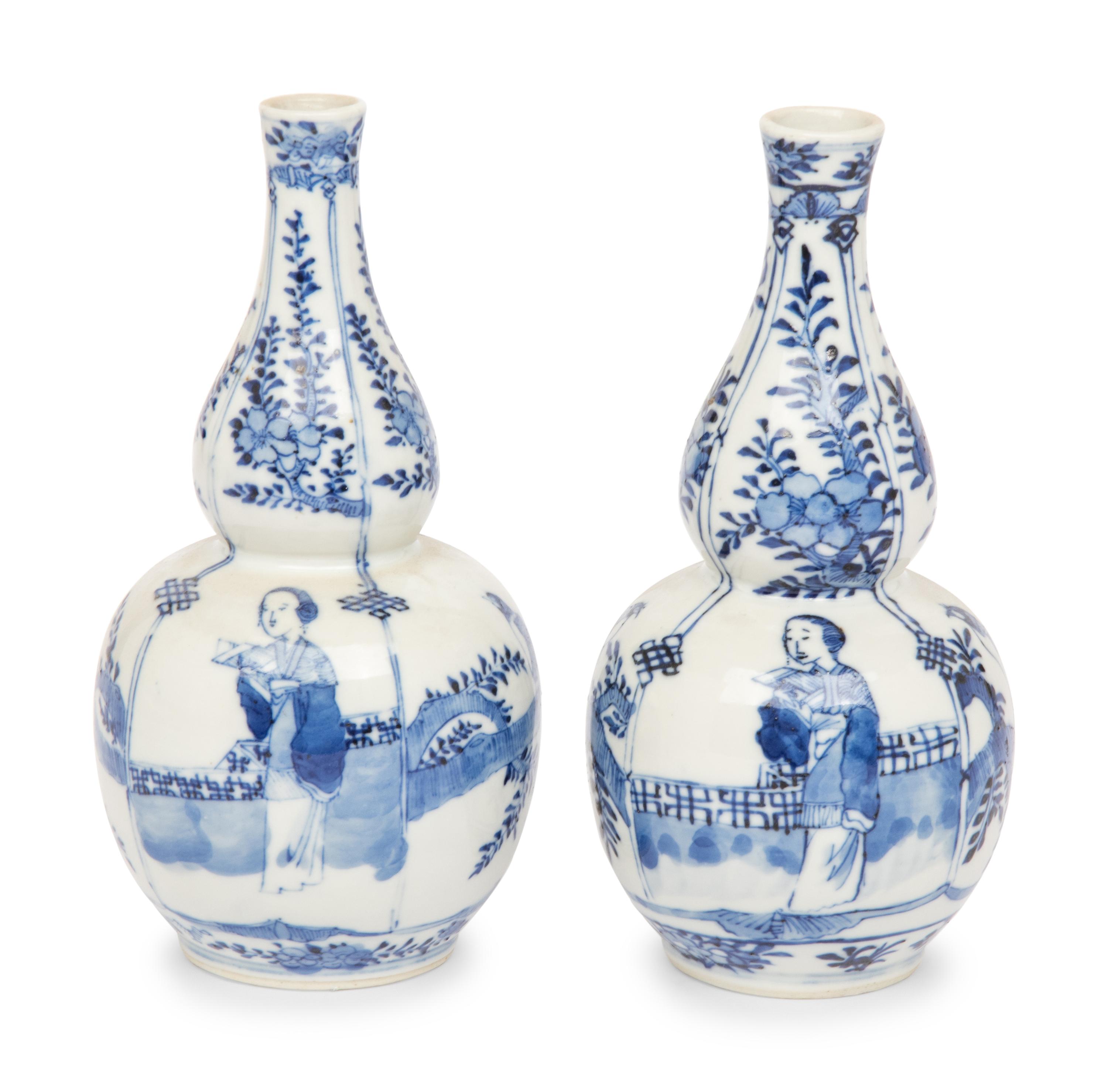 A Pair of Chinese Blue and White Porcelain Double Gourd Vases