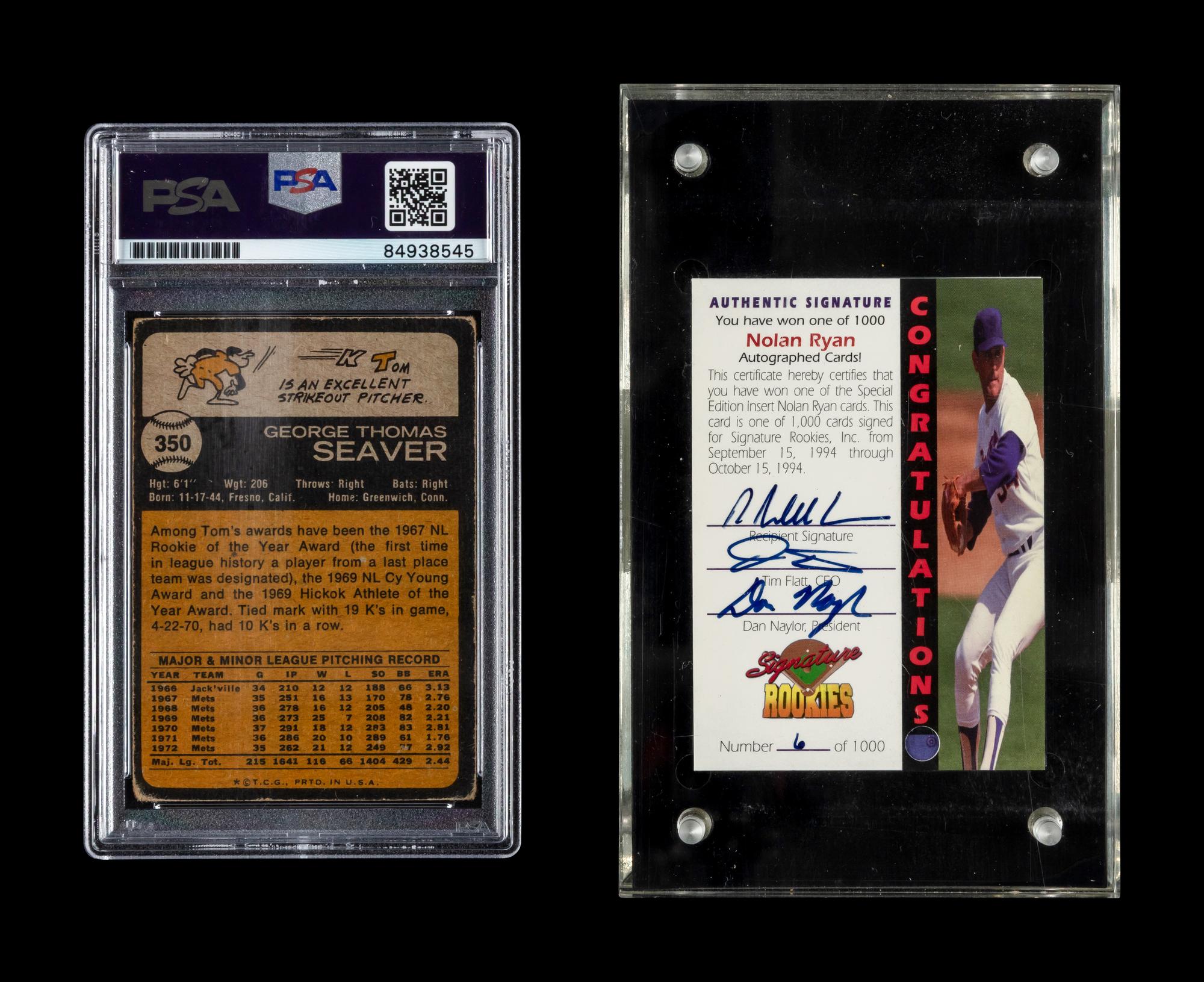 A Tom Seaver Signed Autograph 1973 Topps Baseball Card No. 350 (PSA Authentic) and 1994 Signature Rookies Nolan Ryan Autograph Card