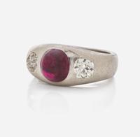 A Three-Stone Art Deco Platinum, Ruby, and Diamond Ring C.1920