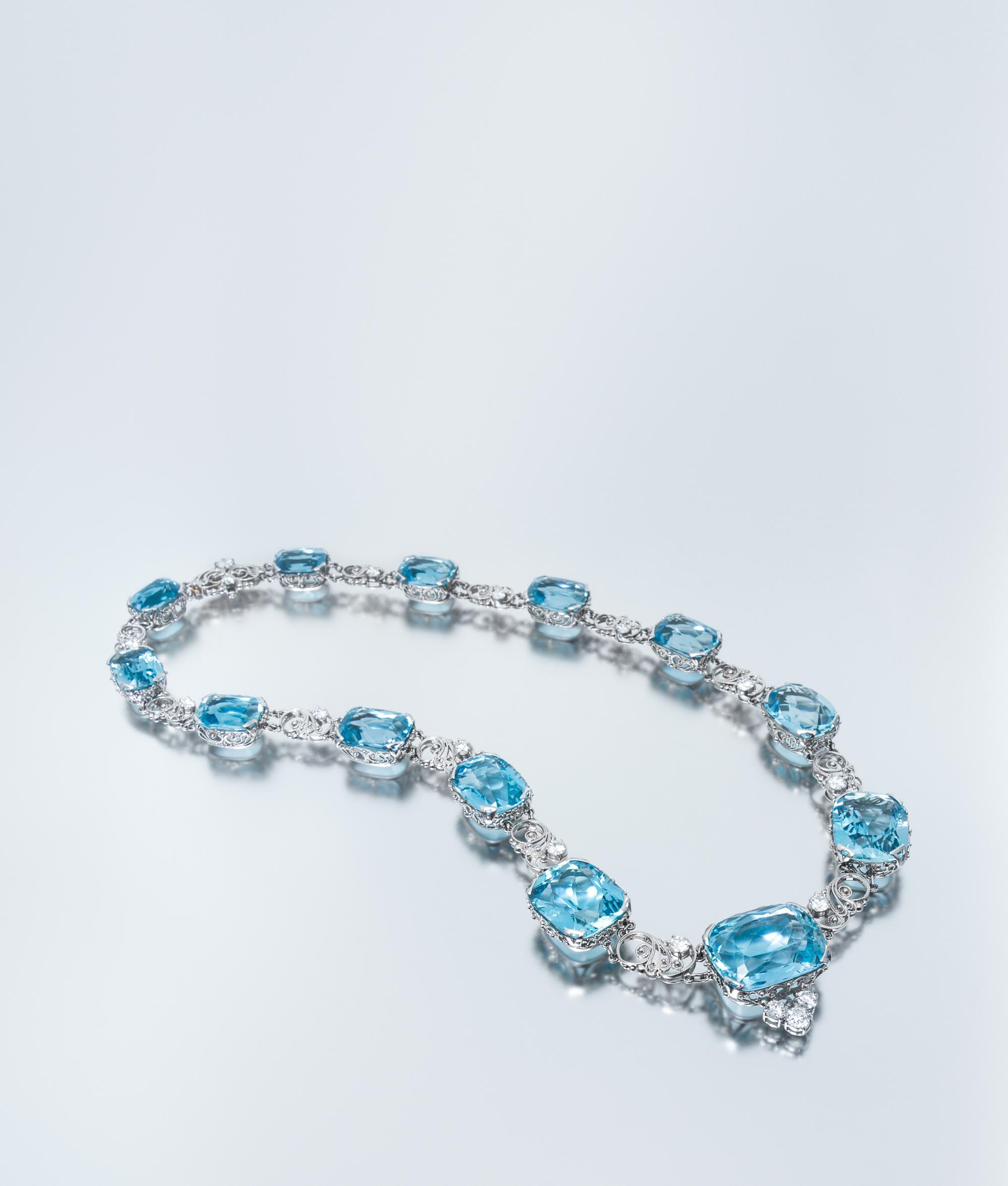 An Important Platinum, Aquamarine and Diamond Necklace, Tiffany & Co., Circa 1915, 55.90 dwts.