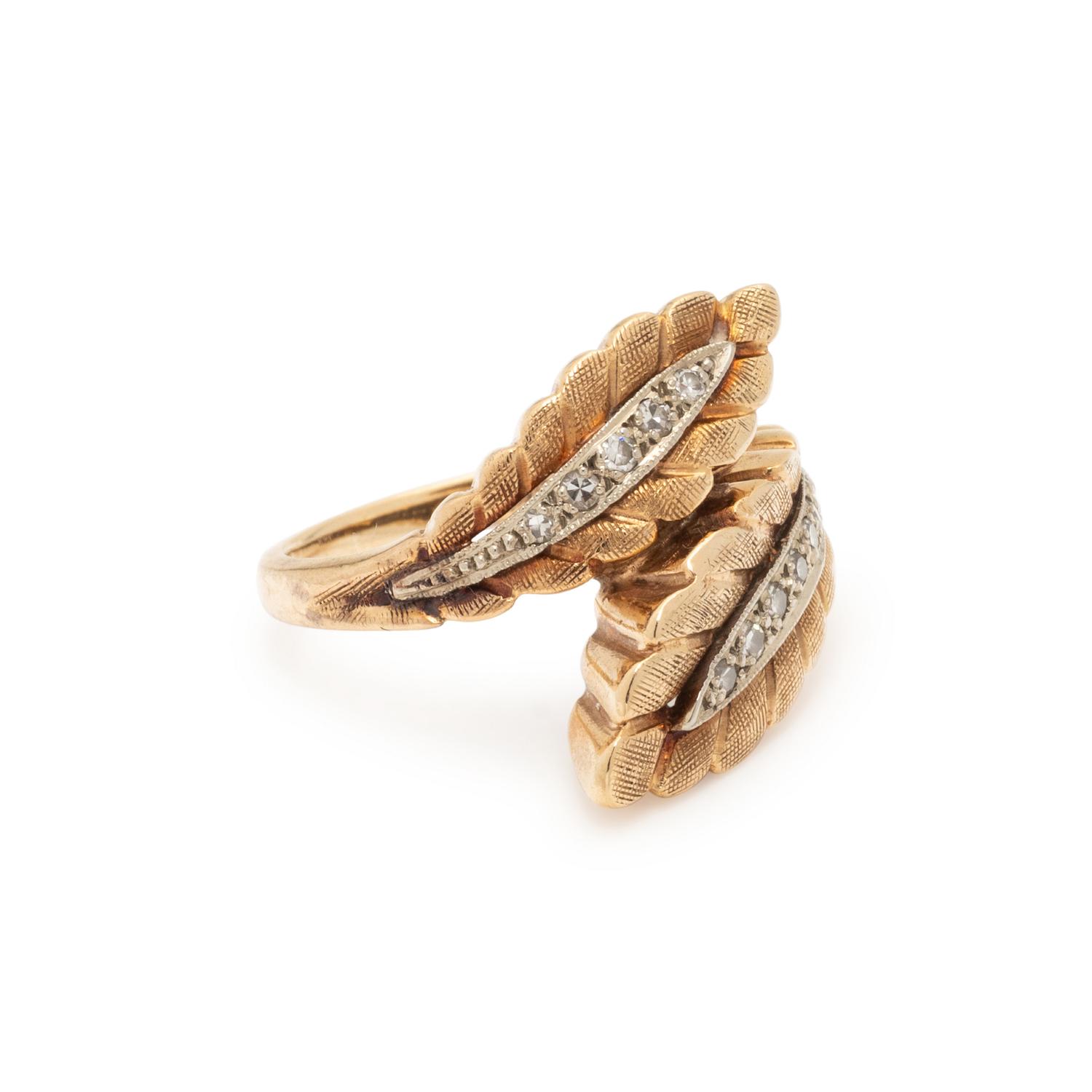 GOLD AND DIAMOND LEAF BYPASS RING