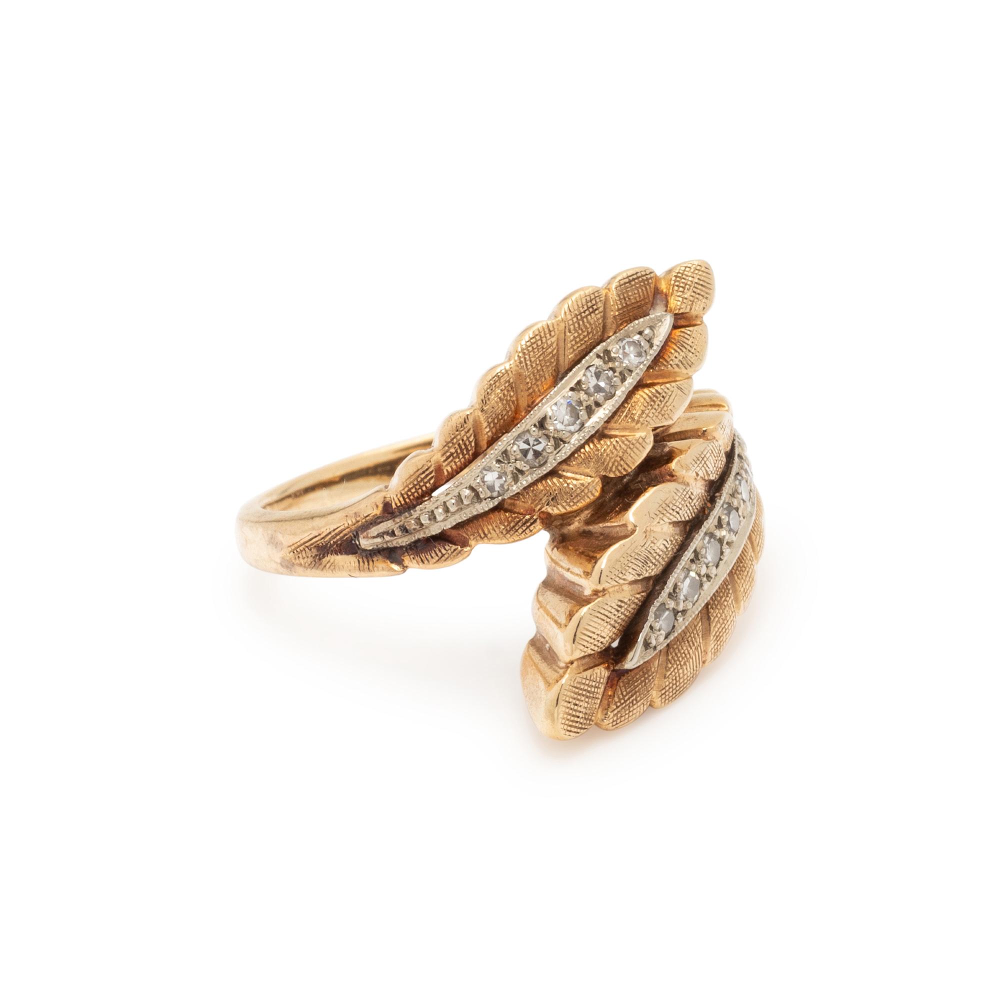 GOLD AND DIAMOND LEAF BYPASS RING