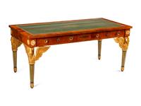 An Austrian Empire Style Fruitwood Veneered, Painted and Parcel Gilt Bureau Plat