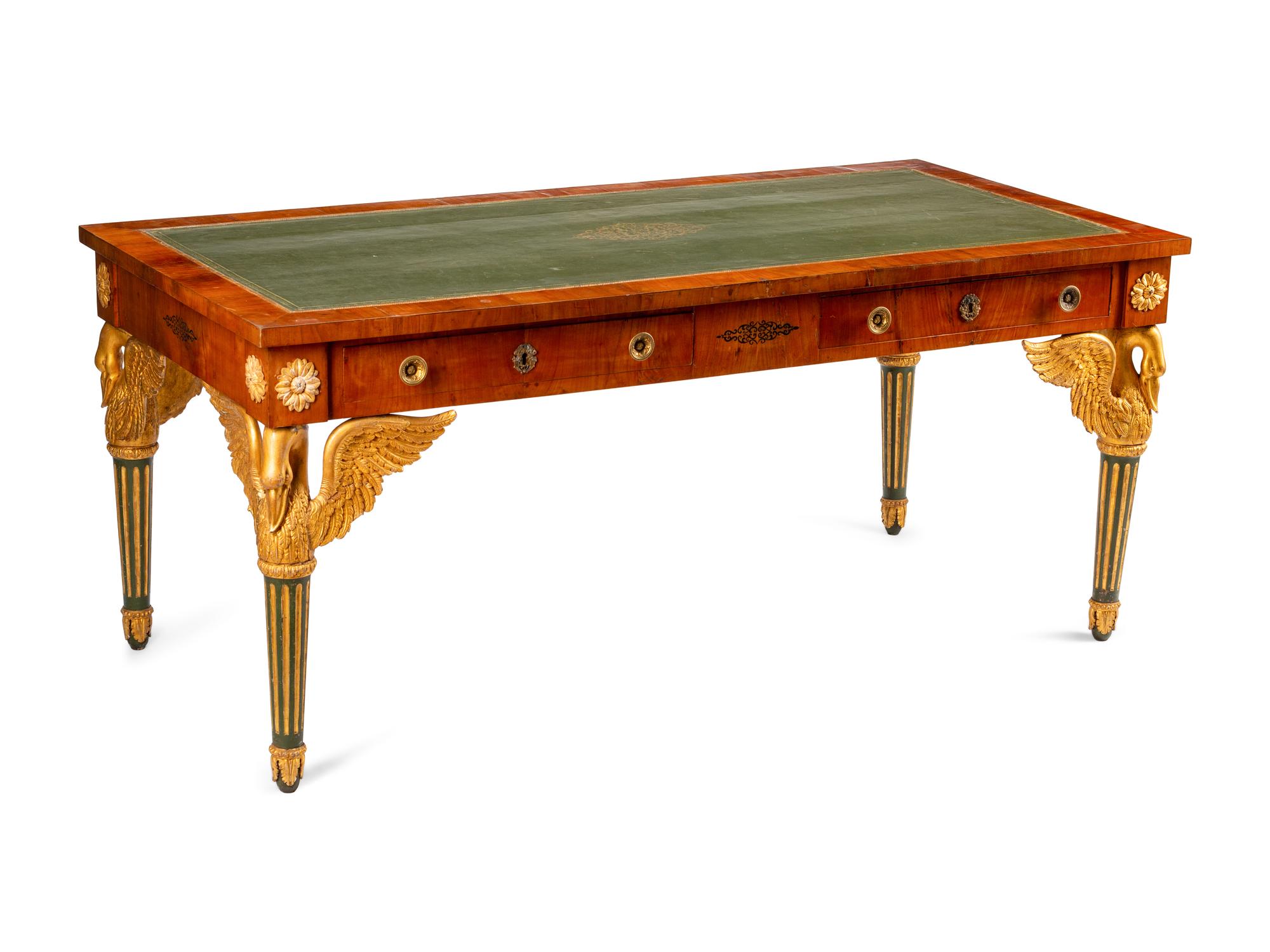 An Austrian Empire Style Fruitwood Veneered, Painted and Parcel Gilt Bureau Plat