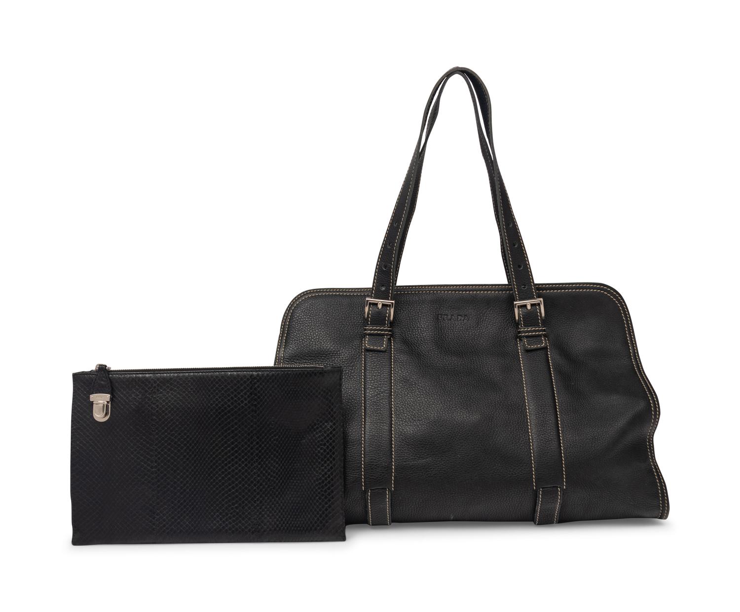 Prada Black Leather Tote and Black Python Zip Clutch