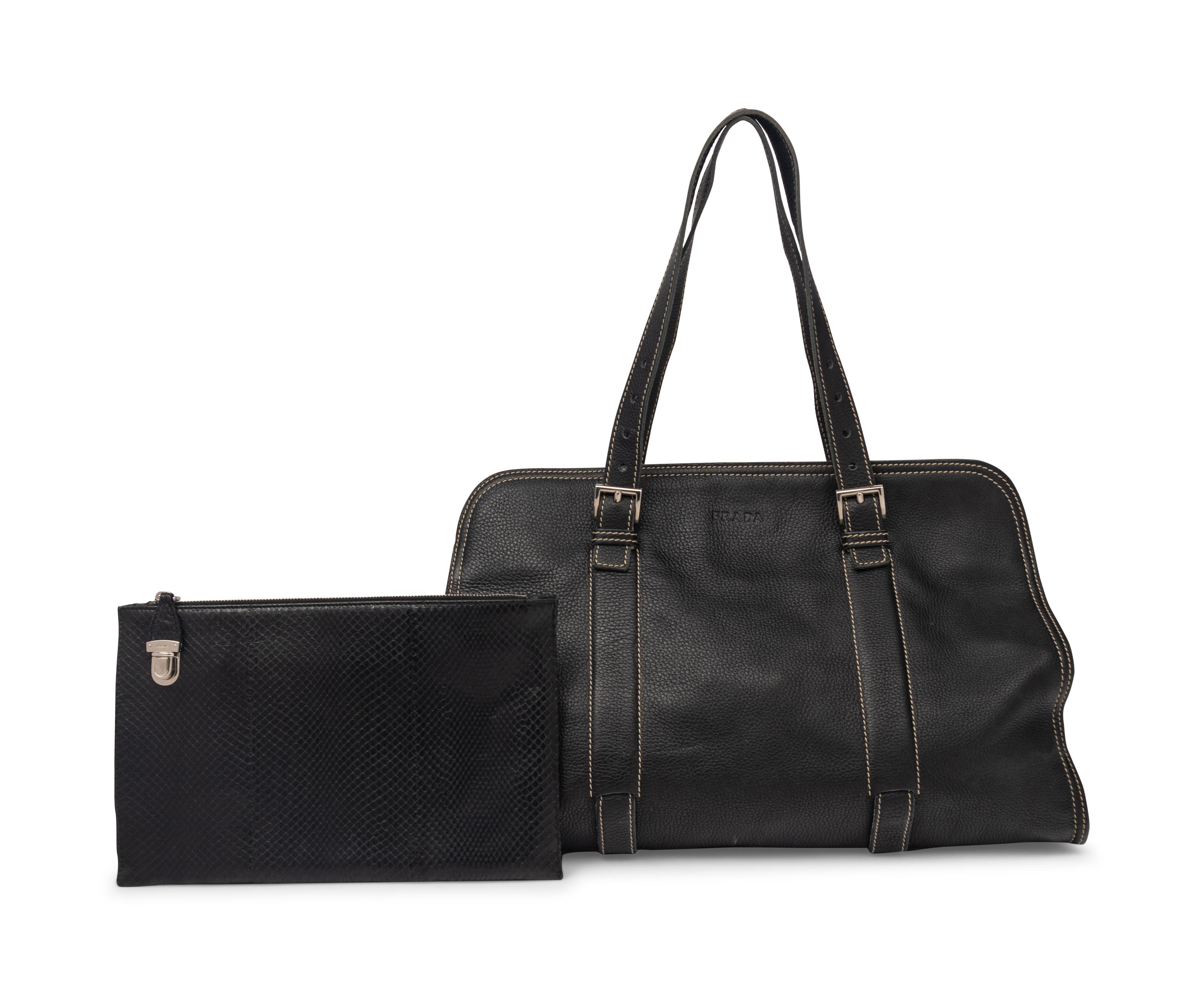 Prada Black Leather Tote and Black Python Zip Clutch