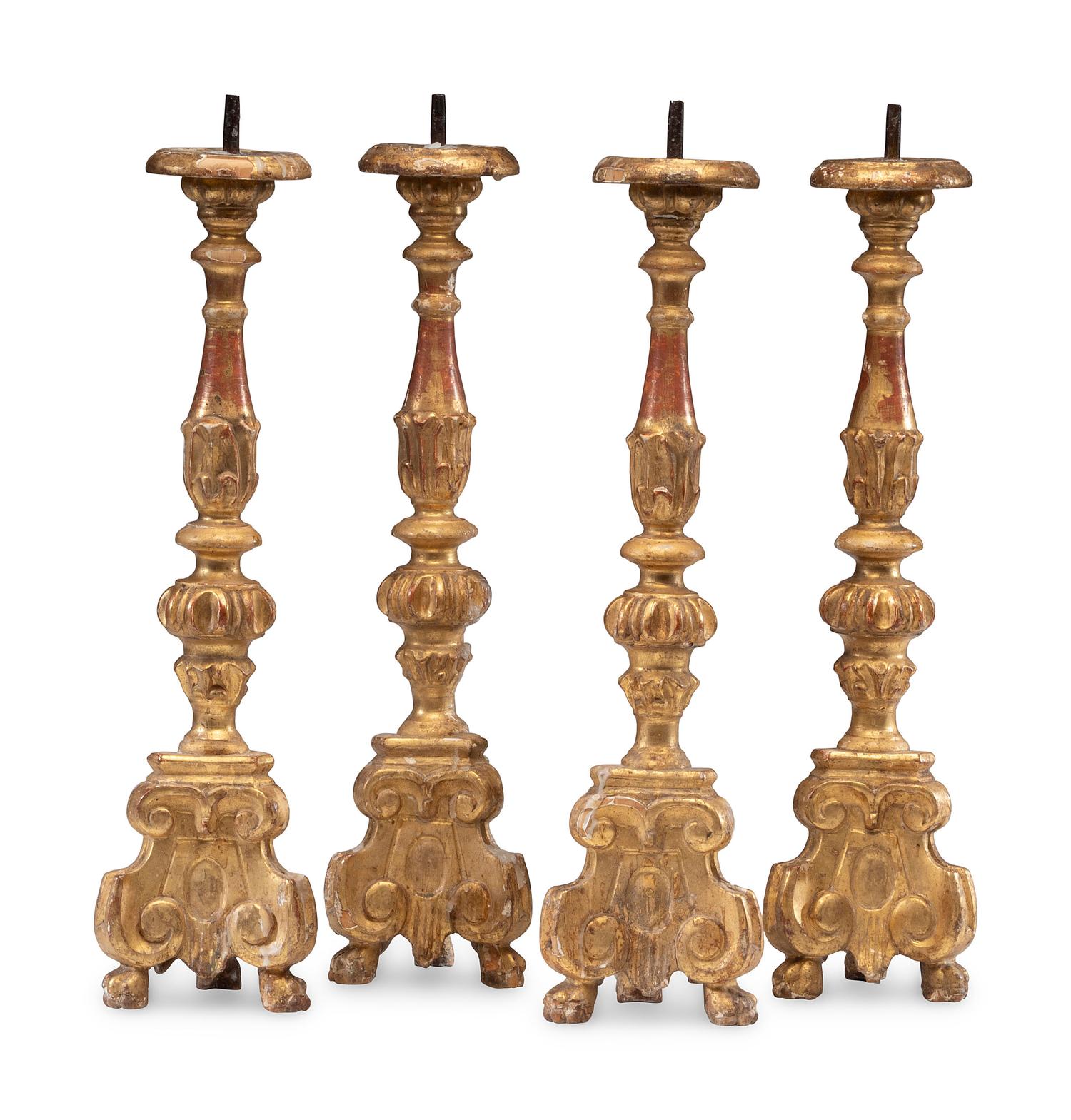 Four Continental Giltwood Pricket Sticks