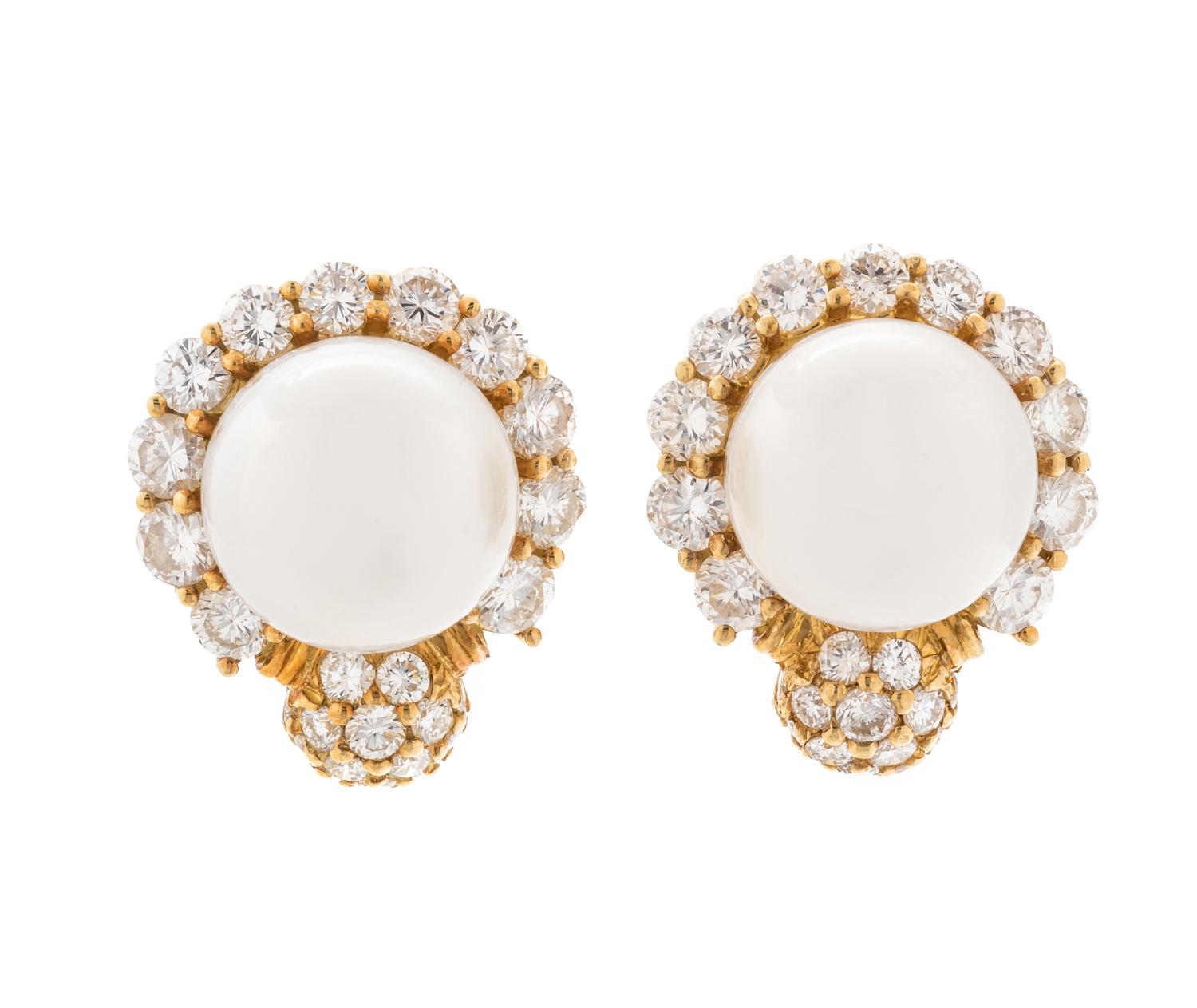 CULTURED PEARL AND DIAMOND EARCLIPS