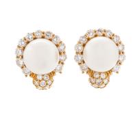 CULTURED PEARL AND DIAMOND EARCLIPS