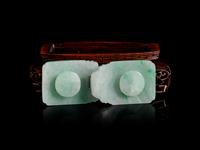 An Apple Green and Pale Celadon Jadeite Two-Part Belt Buckle