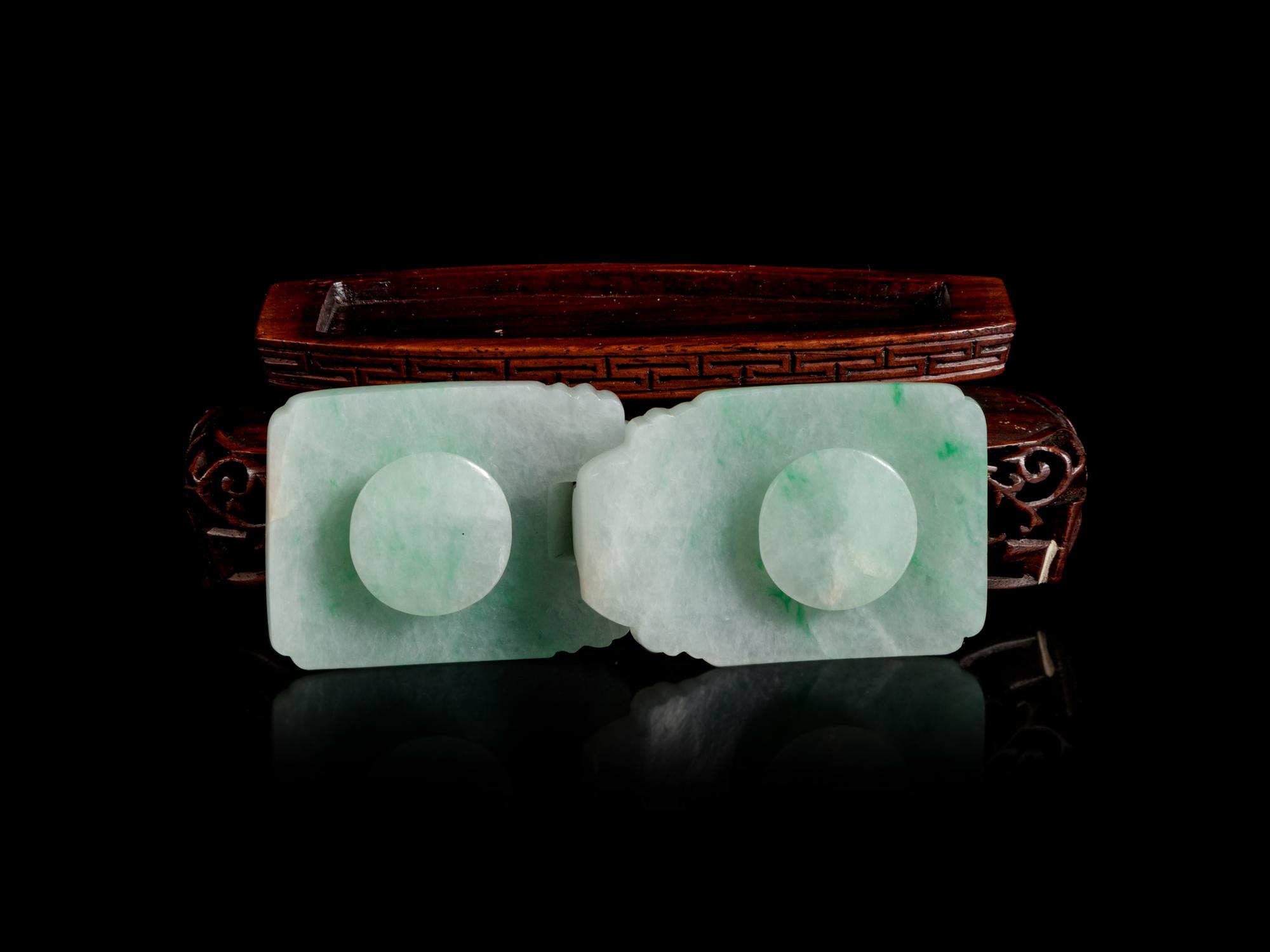 An Apple Green and Pale Celadon Jadeite Two-Part Belt Buckle