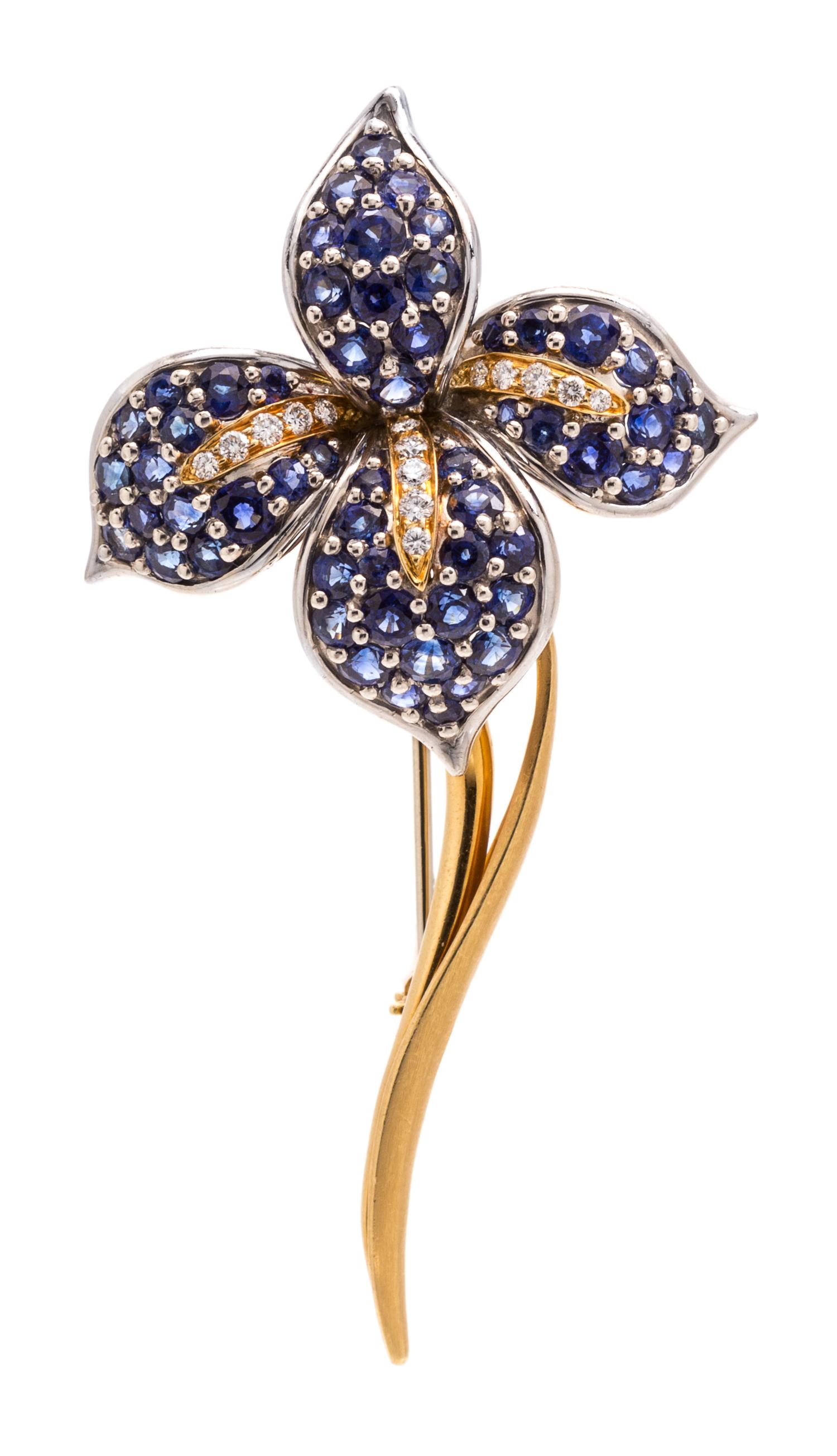 An 18 Karat Yellow Gold, Platinum, Sapphire and Diamond Brooch, Mark Patterson, 14.50 dwts.