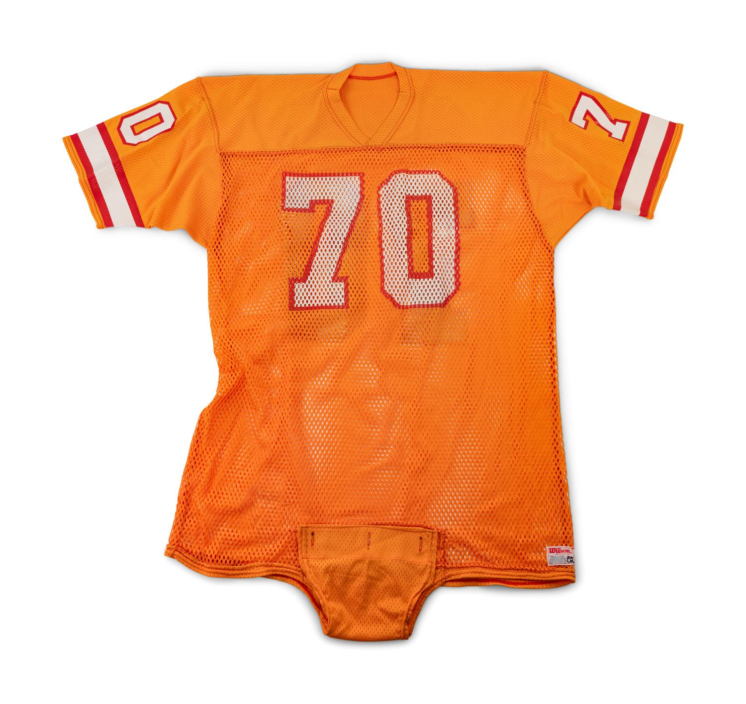 A Vintage 1970-80s Tampa Bay Buccaneers Game Issued "Creamsicle" Football Jersey and Group of Signed Autograph Items,