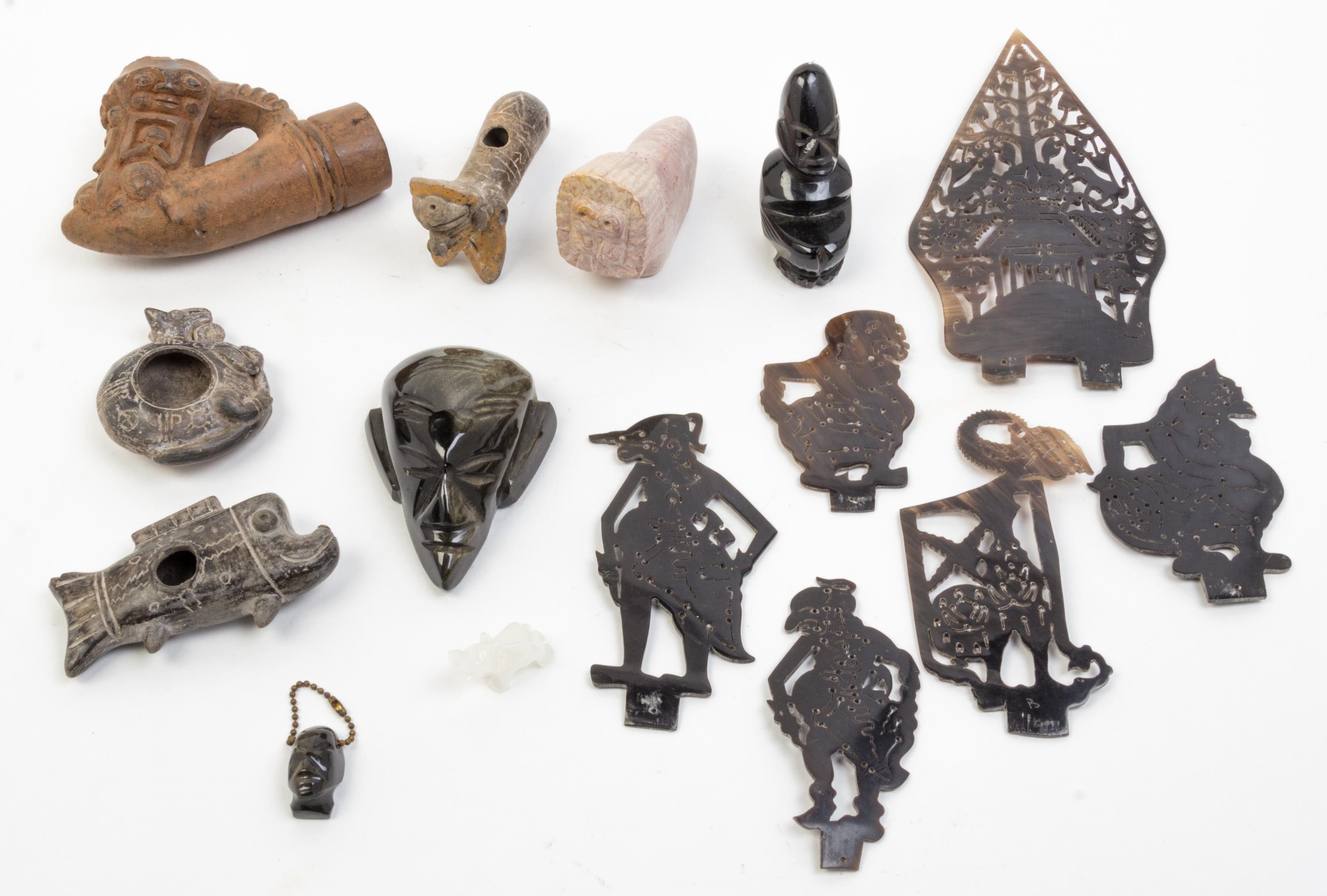 A Collection of Pottery, Horn and Hardstone Articles Height of tallest 9 1/2 inches.