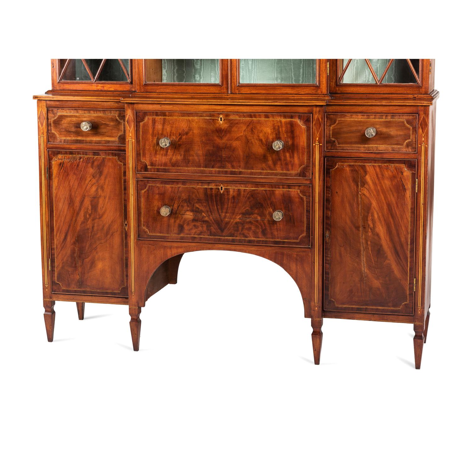 A Federal Parcel Gilt Mahogany, Holly and Ebony Breakfront Gentleman's Desk-and-Bookcase